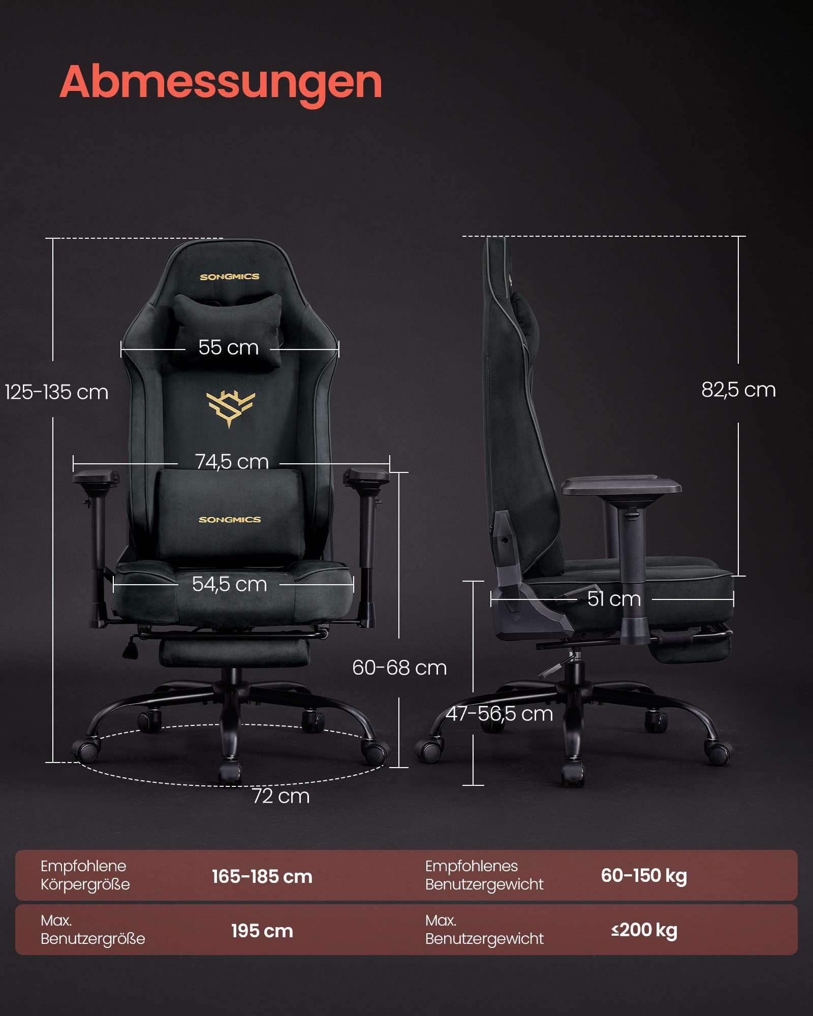 SONGMICS Gaming-Stuhl Schreibtischstuhl ergonomisch, 4D verstellbare Armlehnen, Fußstütze, Bis 180 kg belastbar, 72 x 72 x (125-135) cm, Wildlederimitat – Bild 5 von 5