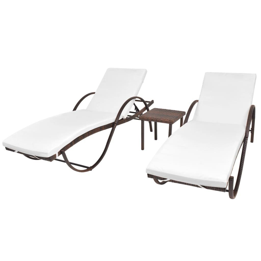 Gartenliege Sonnenliegen 2 Stk. mit Tisch Poly Rattan Braun