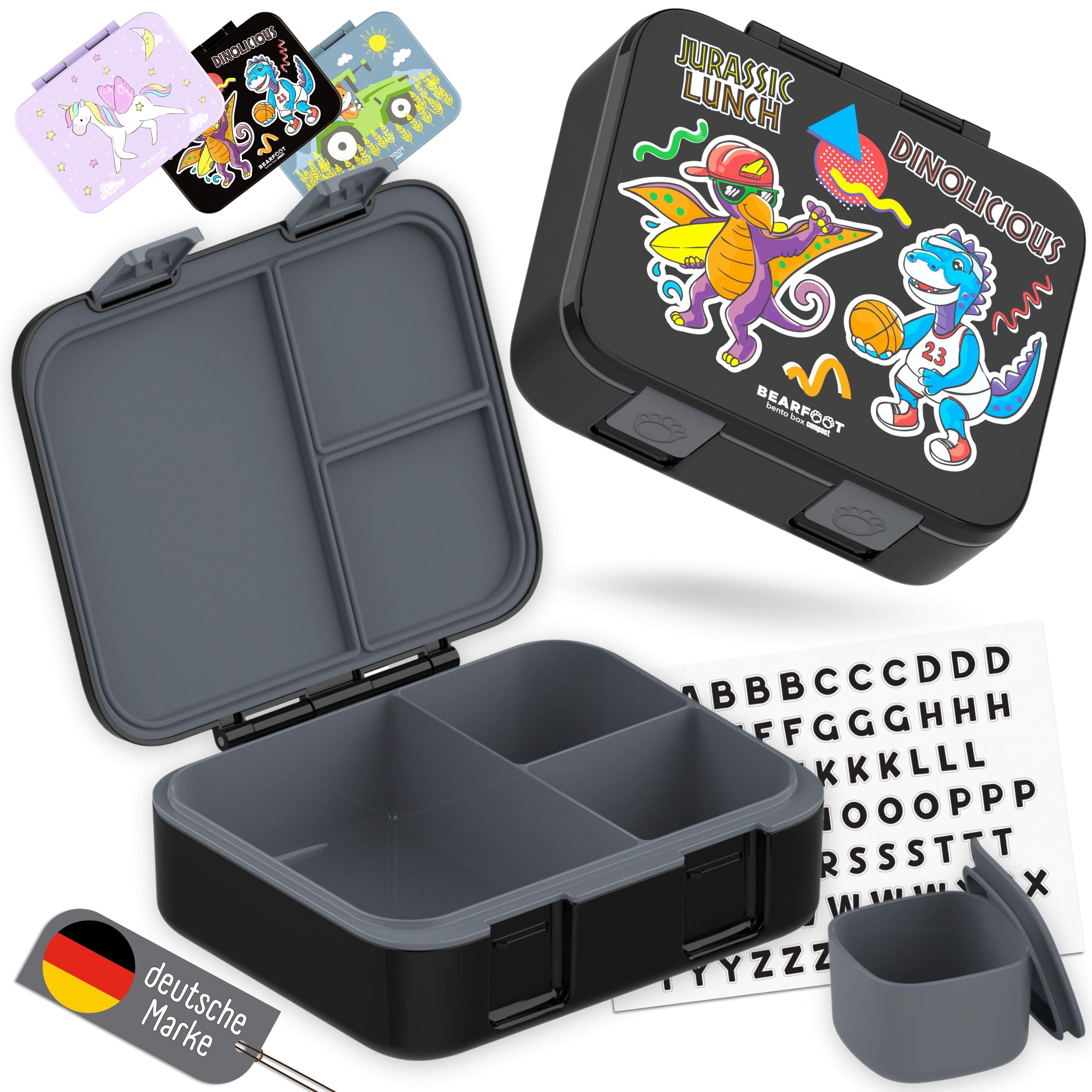 BEARFOOT Lunchbox Brotdose mit Fächern, leicht & auslaufsicher - Dinos schwarz, PP, ABS, Silikon, Kindergarten und Schule - Mädchen und Jungen, Vesperbox, Snackbox