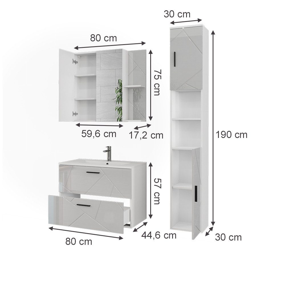 Vicco Badmöbel-Set Irma, Weiß/Weiß Hochglanz, 4 Teile, (3-St., 3er Set)