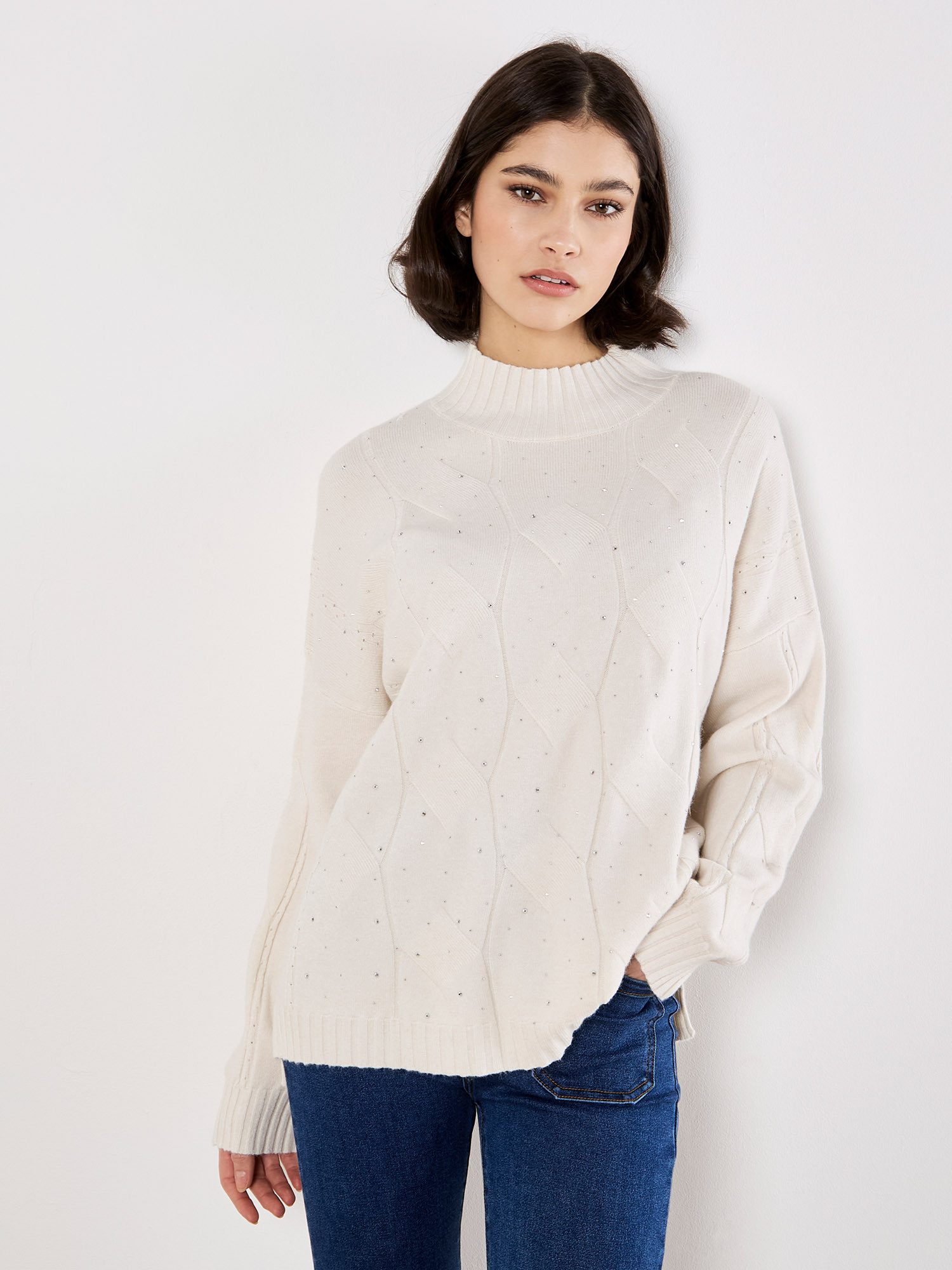 Apricot Strickpullover Zopfmusterpullover mit Strasssteinen