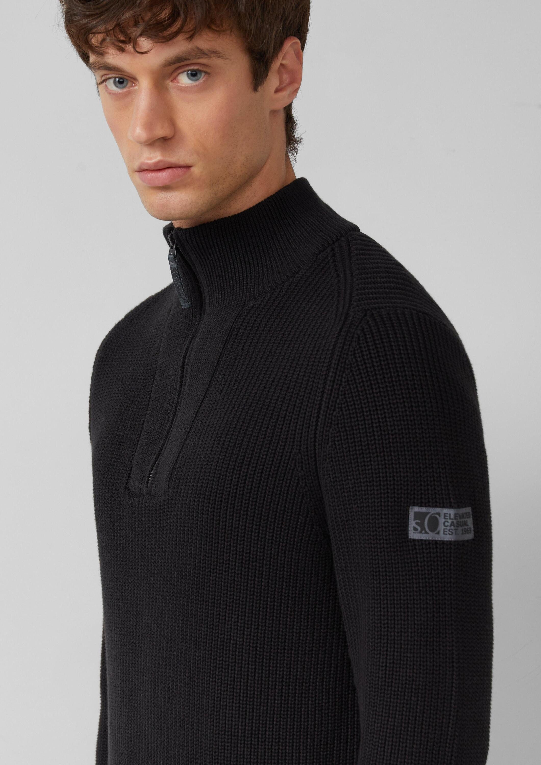 s.Oliver Longpullover Strickpullover Gerippter Baumwoll-Pullover mit Troyer-Kragen