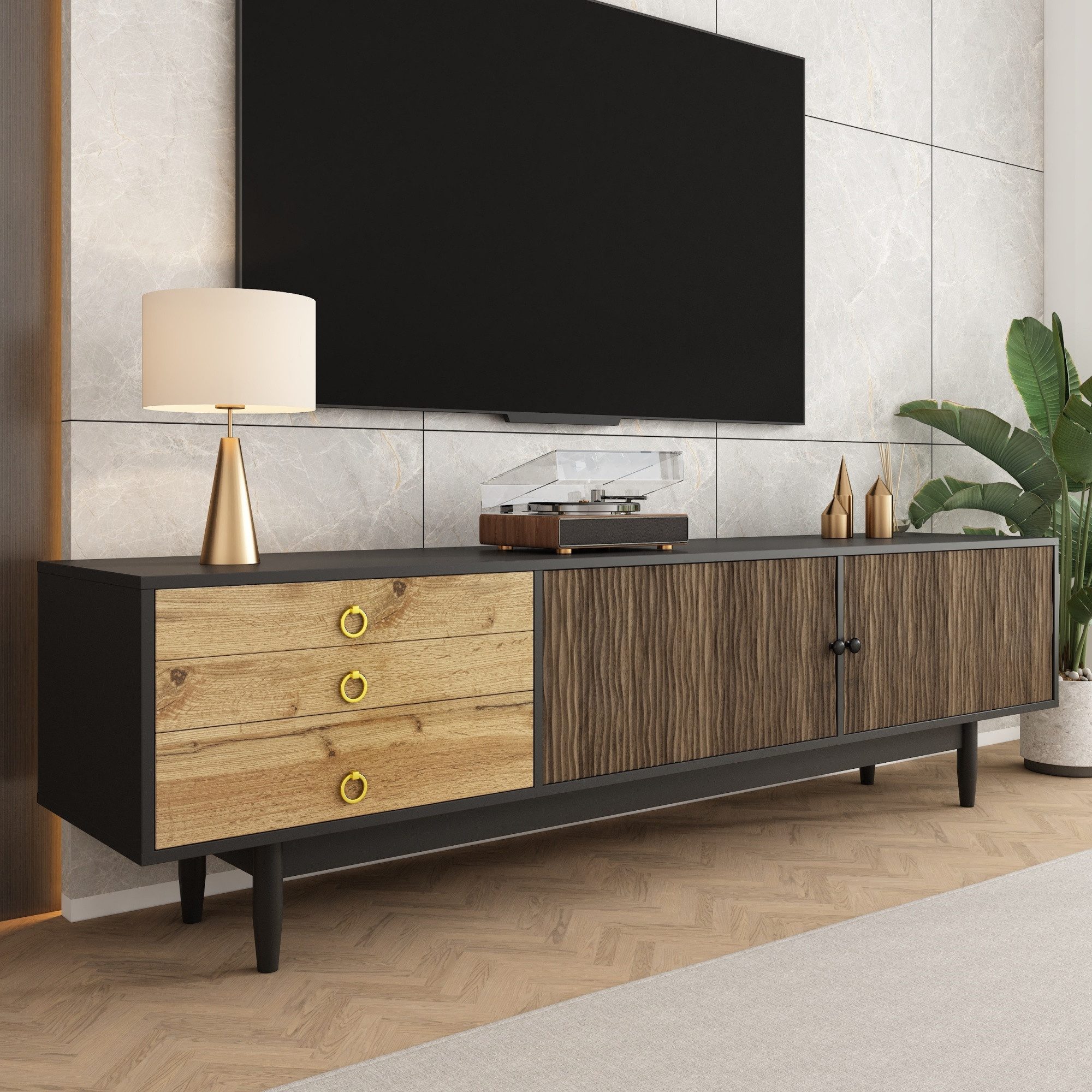 Merax Lowboard in Schwarz & Holzfarbe (180×38×50 cm, 1 St), TV-Schrank mit günstig online kaufen