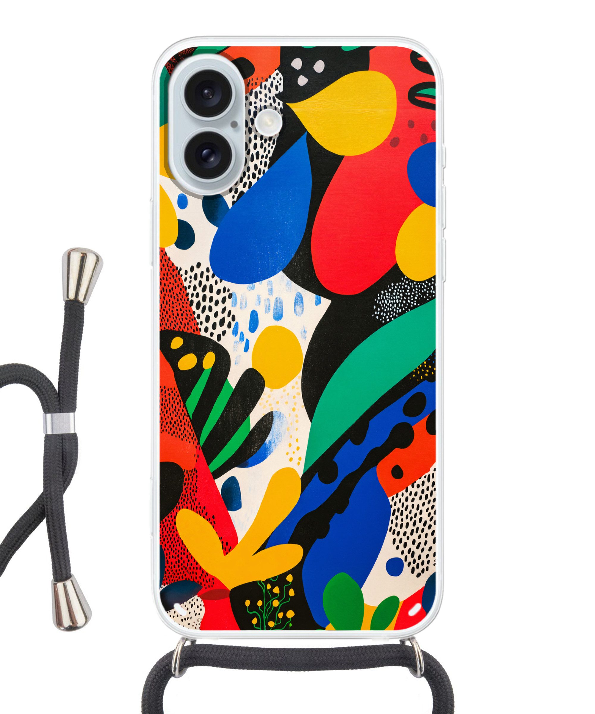 MuchoWow Handyhülle für Apple iPhone 16 Plus Abstrakt - Pflanzen - Formen - Farbenfroh, Tragbare Handyhüllen mit Kette zum umhängen, Handykette Handyband