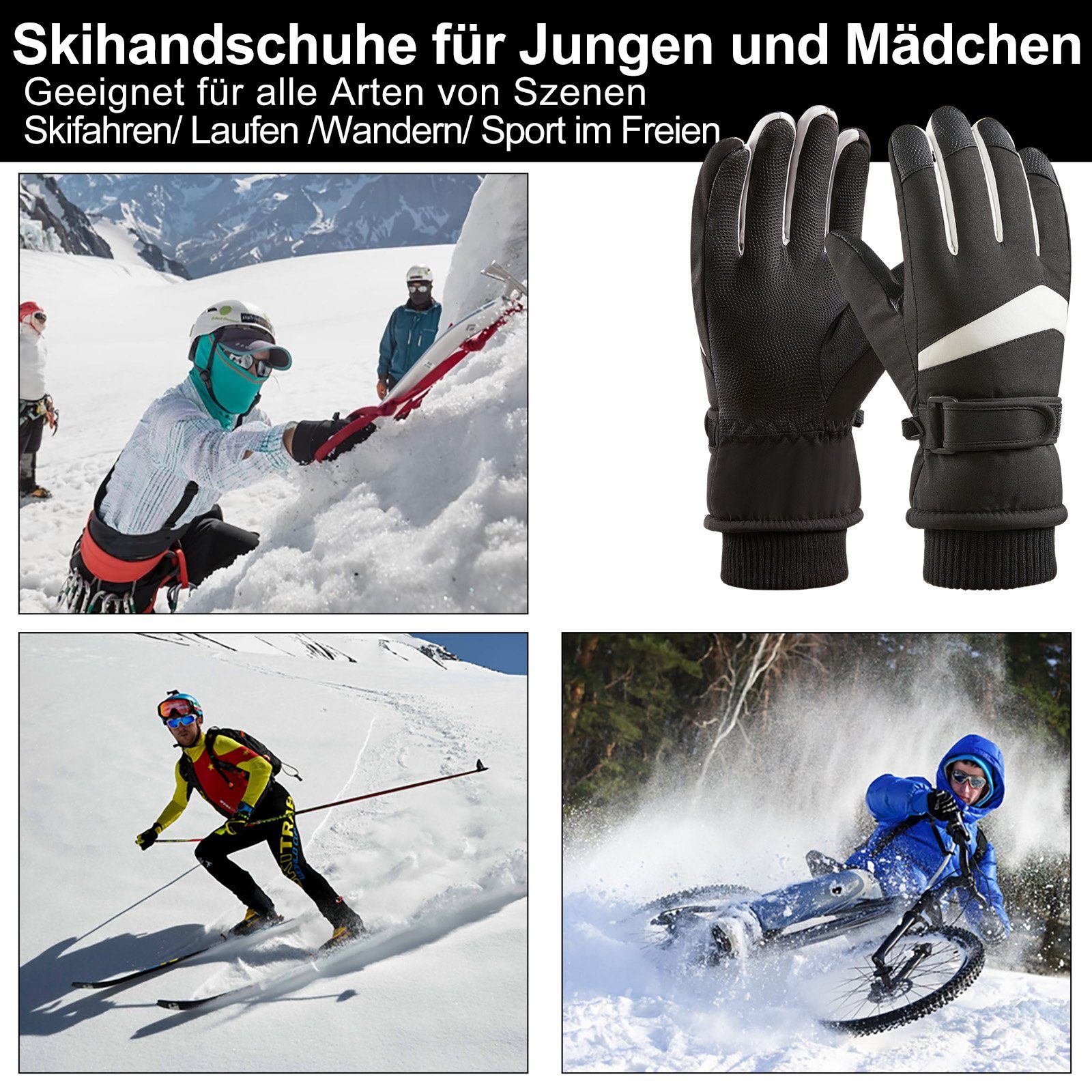 Rosnek Skihandschuhe Frauen Winter Grau Skifahren wasserdicht, Wandern für Radfahren Touchscreen, rutschfest, Warm, Männer (1 Paar) Outdoor Sport