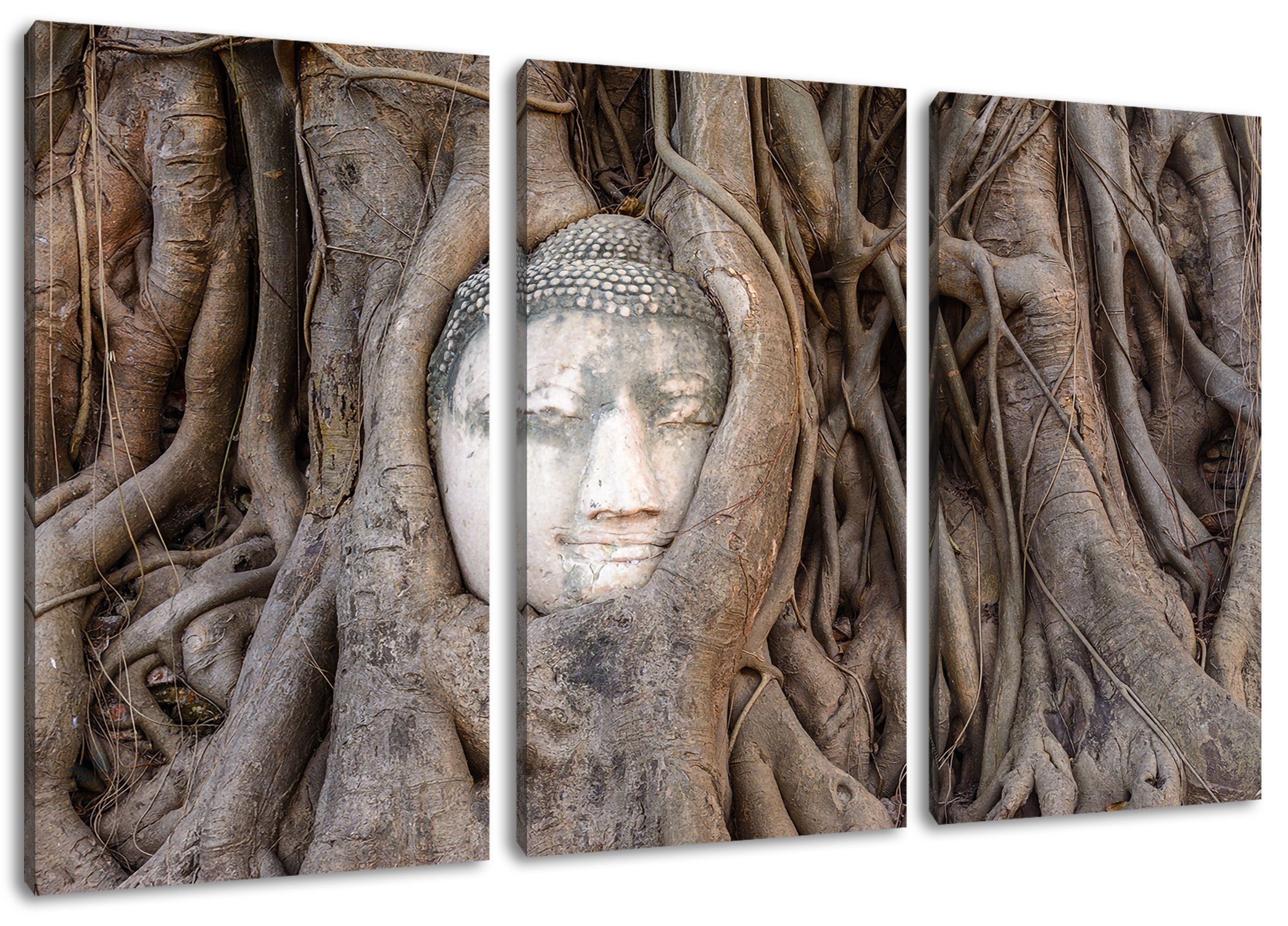 Pixxprint Leinwandbild Buddha 3Teiler Zackenaufhänger bespannt, Kopf Leinwandbild (1 fertig im (120x80cm) Buddha inkl. Baum, Baum Kopf St), im