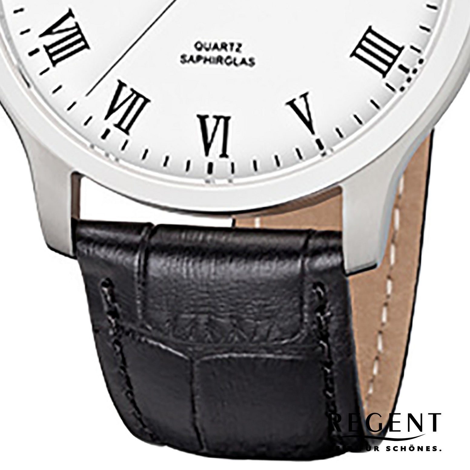 Regent Quarzuhr 39mm), Regent Analog, Herren-Armbanduhr Armbanduhr schwarz mittel Lederarmband (ca. rund, Herren
