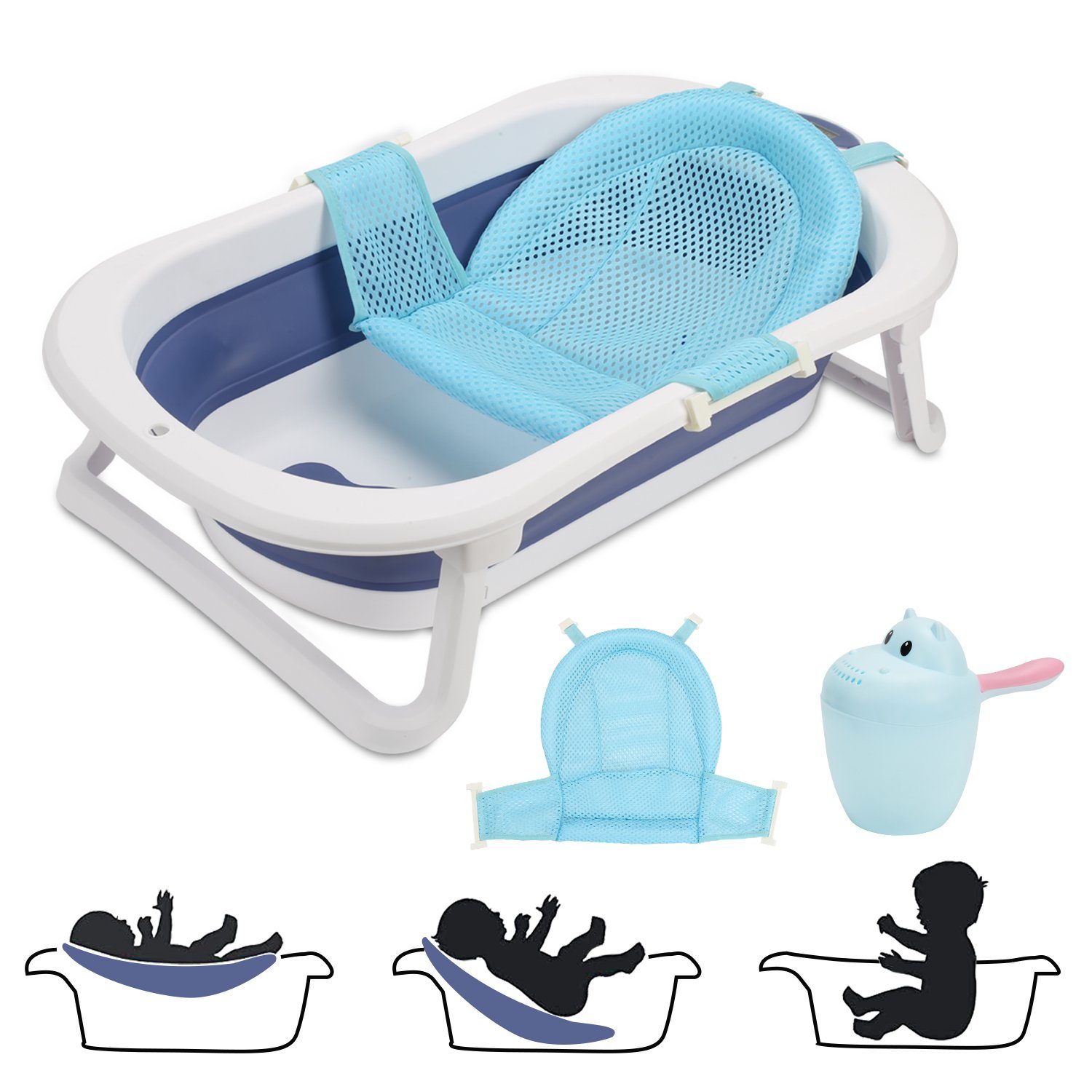 Lospitch Babybadewanne Baby Badewanne Faltbare Babywanne mit kissen Ergonomische Kunststoff Blau