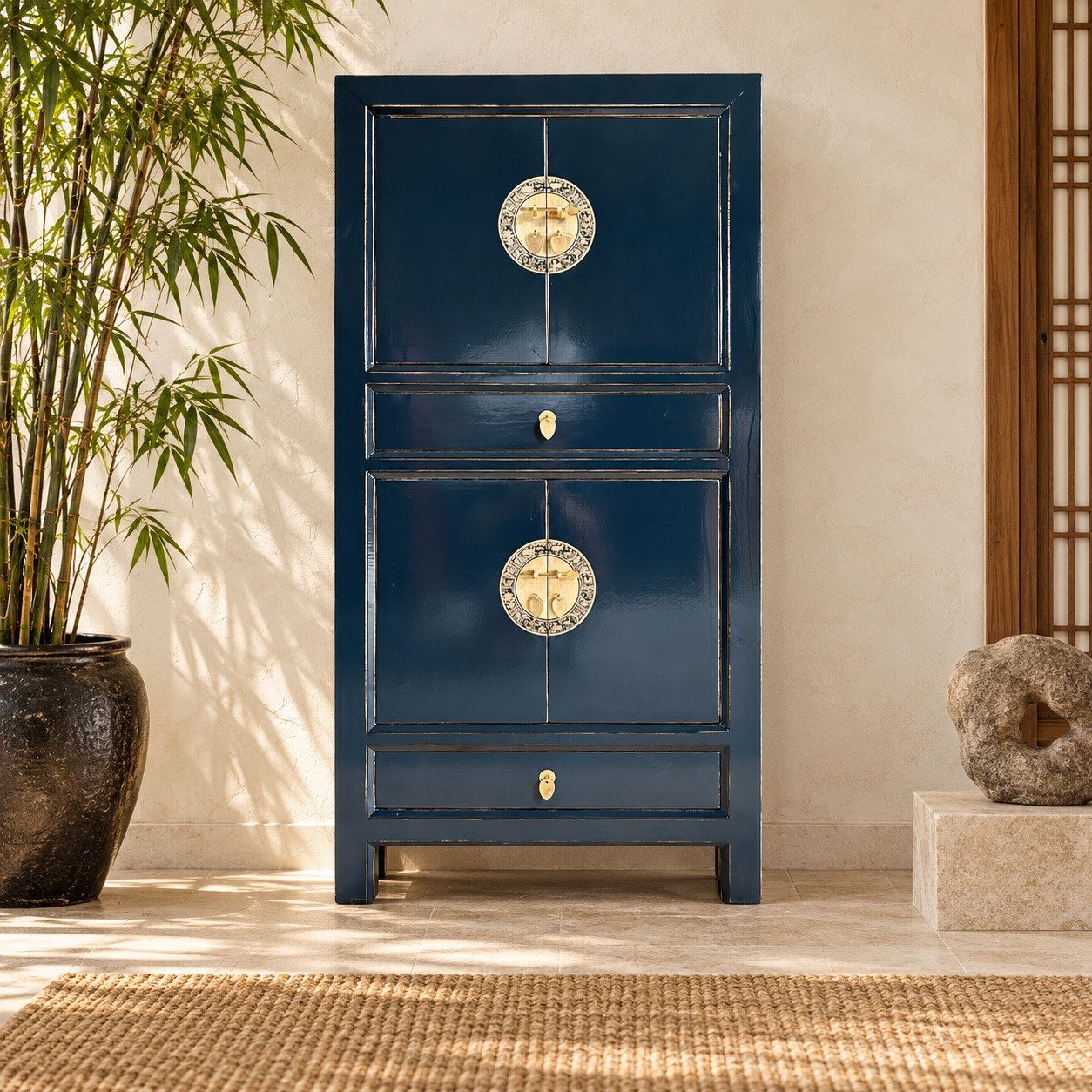 OPIUM OUTLET Kleiderschrank Schrank Hochzeitsschrank Asia Möbel komplett montiert (Wohnzimmer Schlafzimmer Antik-Stil, Hoch-Kommode BxTxH: 80x42x154 cm) Vintage-Stil asiatisch chinesisch orientalisch