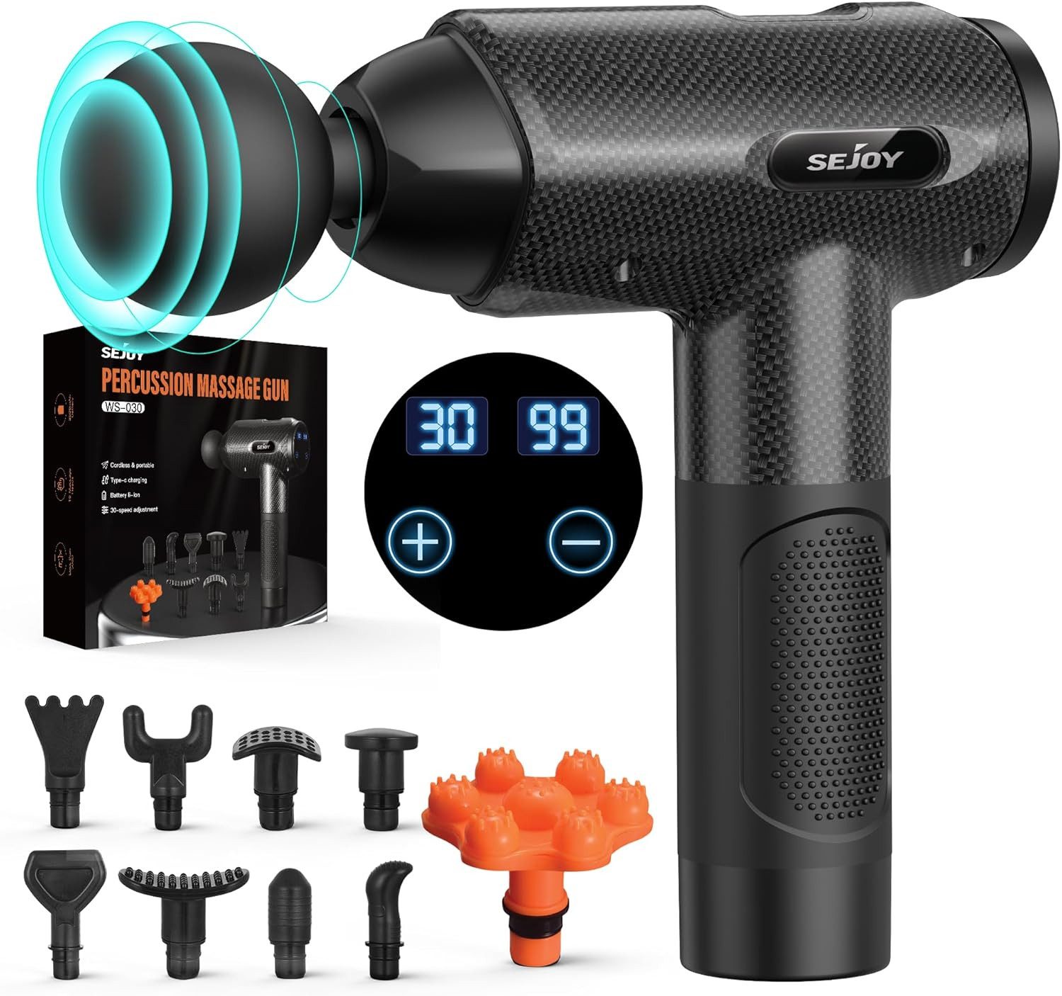 Massagepistole mit 10 Massageköpfen USB-Ladung,30 Geschwindigkeit und LED-Touchscreen