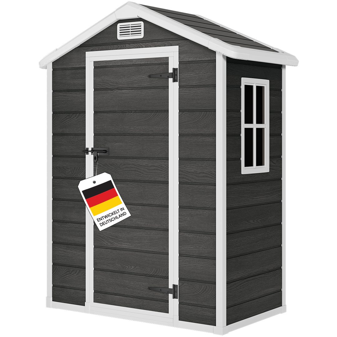 STEELSØN Gerätehaus Novara mit Bodenplatte, wetterfest, Geräteschuppen mit Satteldach, Gartenhaus inkl. Fenster