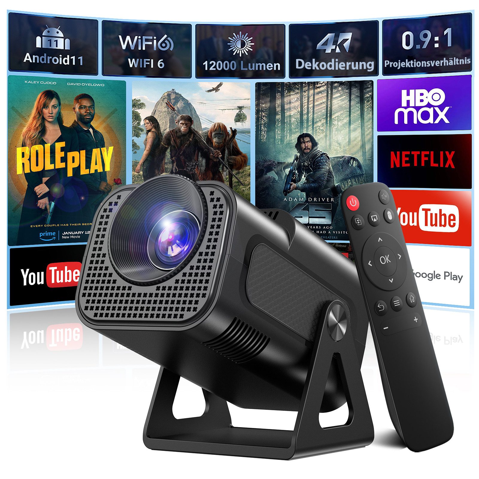 XGODY Gimbal 5 Mini Smart Projektor 2025 Upgrade 1080P Unterstützung LCD-проектор (12000 lm, 10000:1, 3840 x 2160 px, Android 11, Auto Keystone Correction, 180° Drehbar, BT 5.4, WiFi 6)