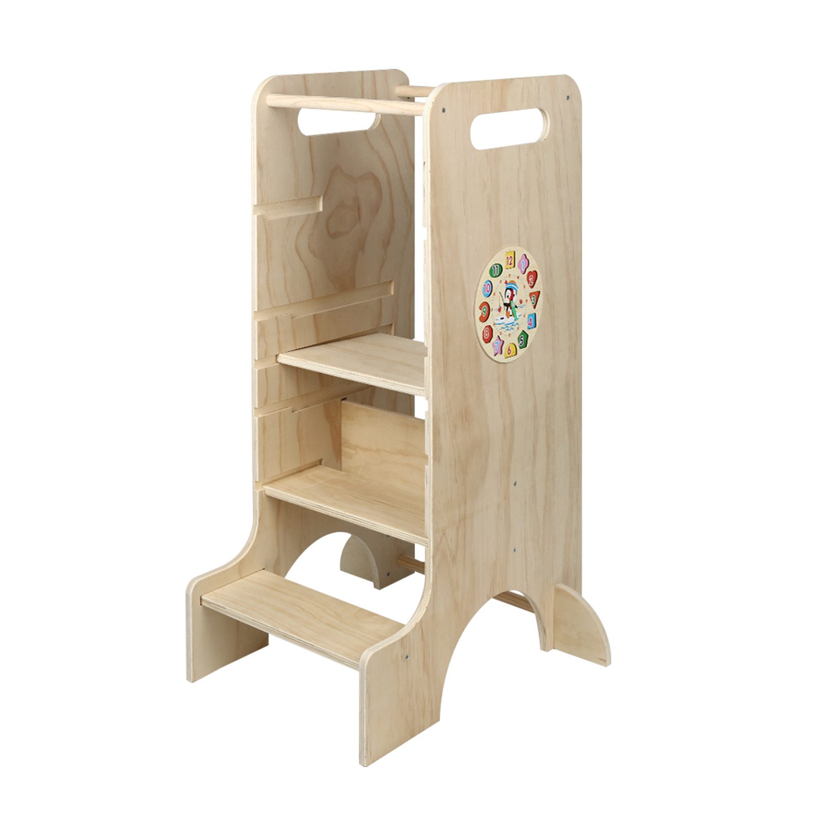 JEOBEST Stehhilfe Lernturm ab 1 Jahr, 3-in-1 Lernturm Klappbar für Kinder inkl. Lernuhr, Learning Tower Tritthocker, Höhenverstellbarer