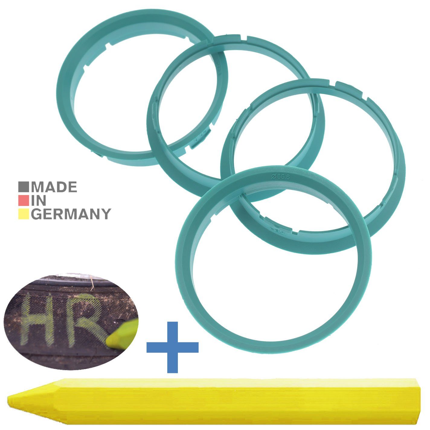 RKC Reifenstift 4X Zentrierringe Türkis Felgen Ringe + 1x Reifen Kreide  Fett Stift, Maße: 70,0 x 66,6 mm
