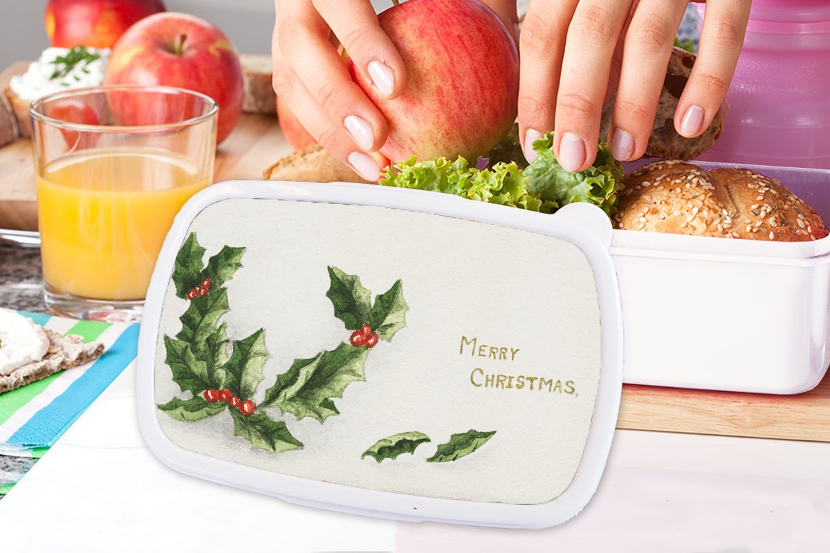 MuchoWow Lunchbox Weihnachten - weiß Weihnachtsschmuck, Kinder Mädchen für Brotdose, und (2-tlg), - für Stechpalme Erwachsene, und Jungs Kunststoff, Brotbox