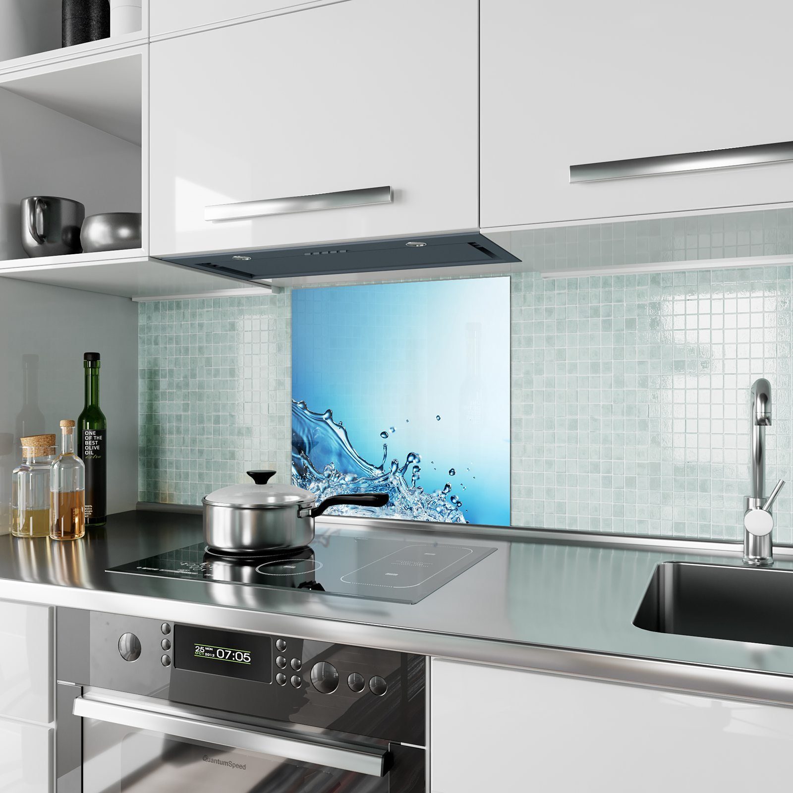 Glas Wassersplash mit Primedeco Rand am Spritzschutz Küchenrückwand Motiv Küchenrückwand