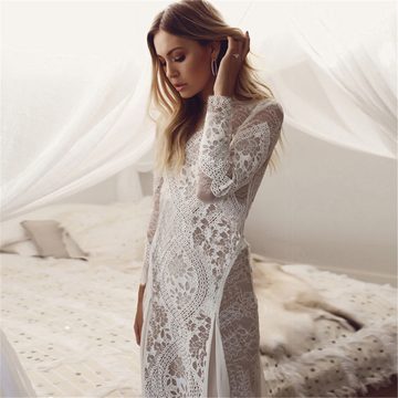 AFAZ New Trading UG Abendkleid Langärmliges, sexy, rückenfreies, bodenlanges Brautkleid aus Spitze