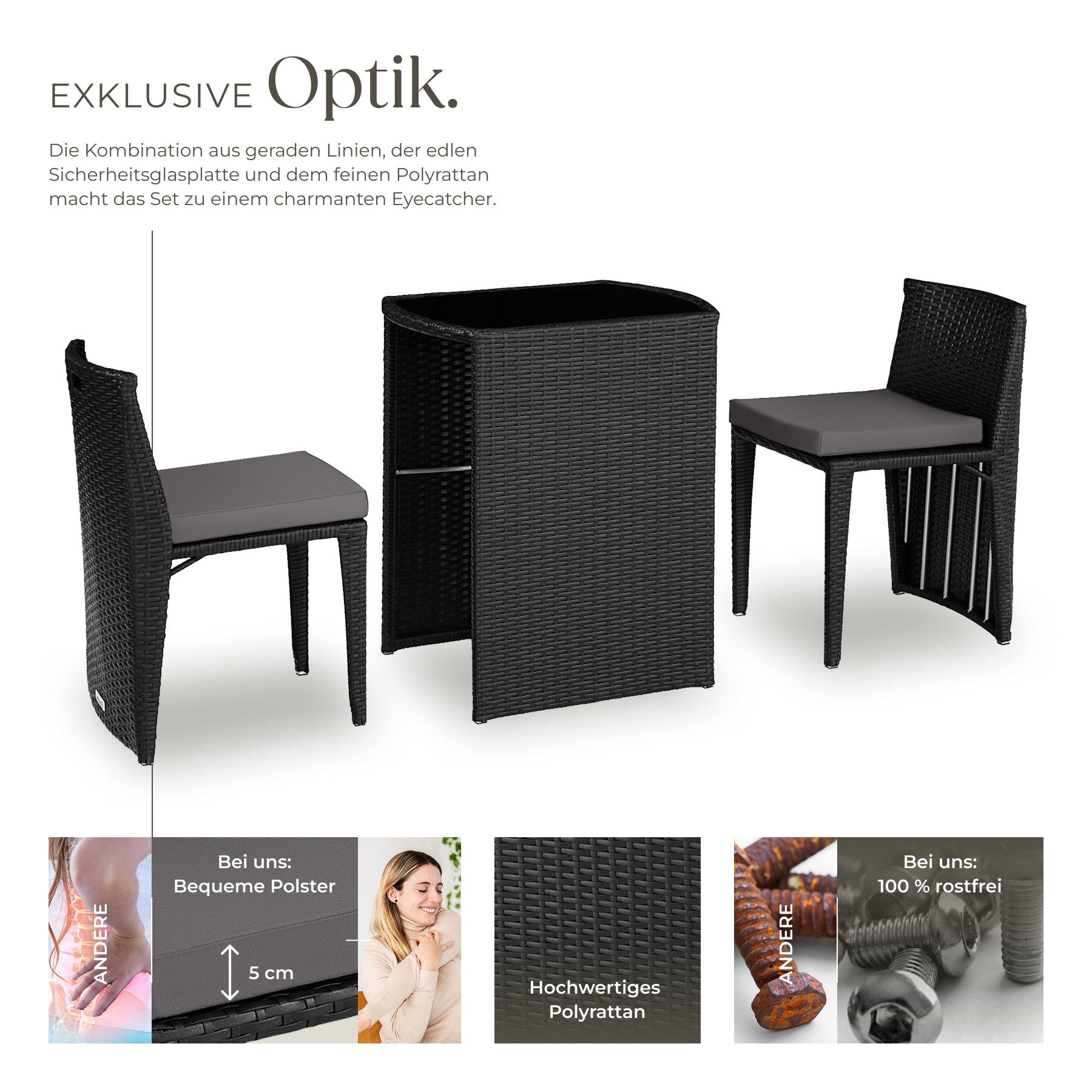 tectake Sitzgruppe Aluminium Rattanset mit Sicherheitsglasplatte, kein Aufbau, (Loungeset Hamburg, 3-tlg., für Außen in Schwarz), wetterfest und UV-beständig, zusammenschiebbar, pflegeleicht