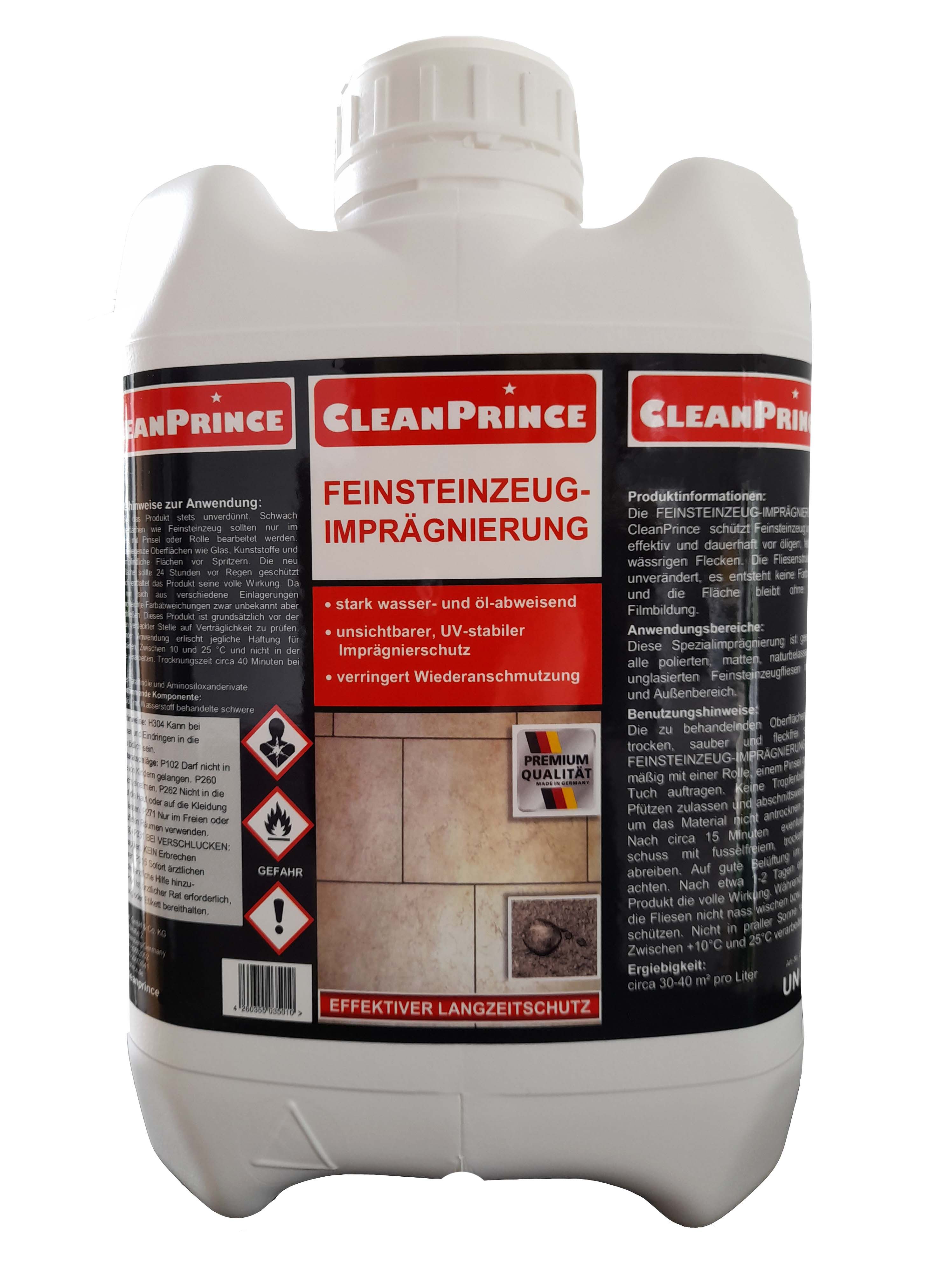 CleanPrince CP400340 Feinsteinzeug-Imprägnierung für Feinsteinzeug-Fliesen Naturstein-Imprägnierung, farblose Imprägnierung