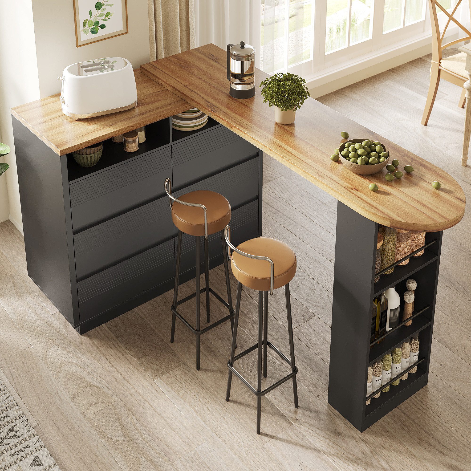 Bartisch 360° drehbar Esstisch mit Rollen & Kommode mit 6 Schubladen