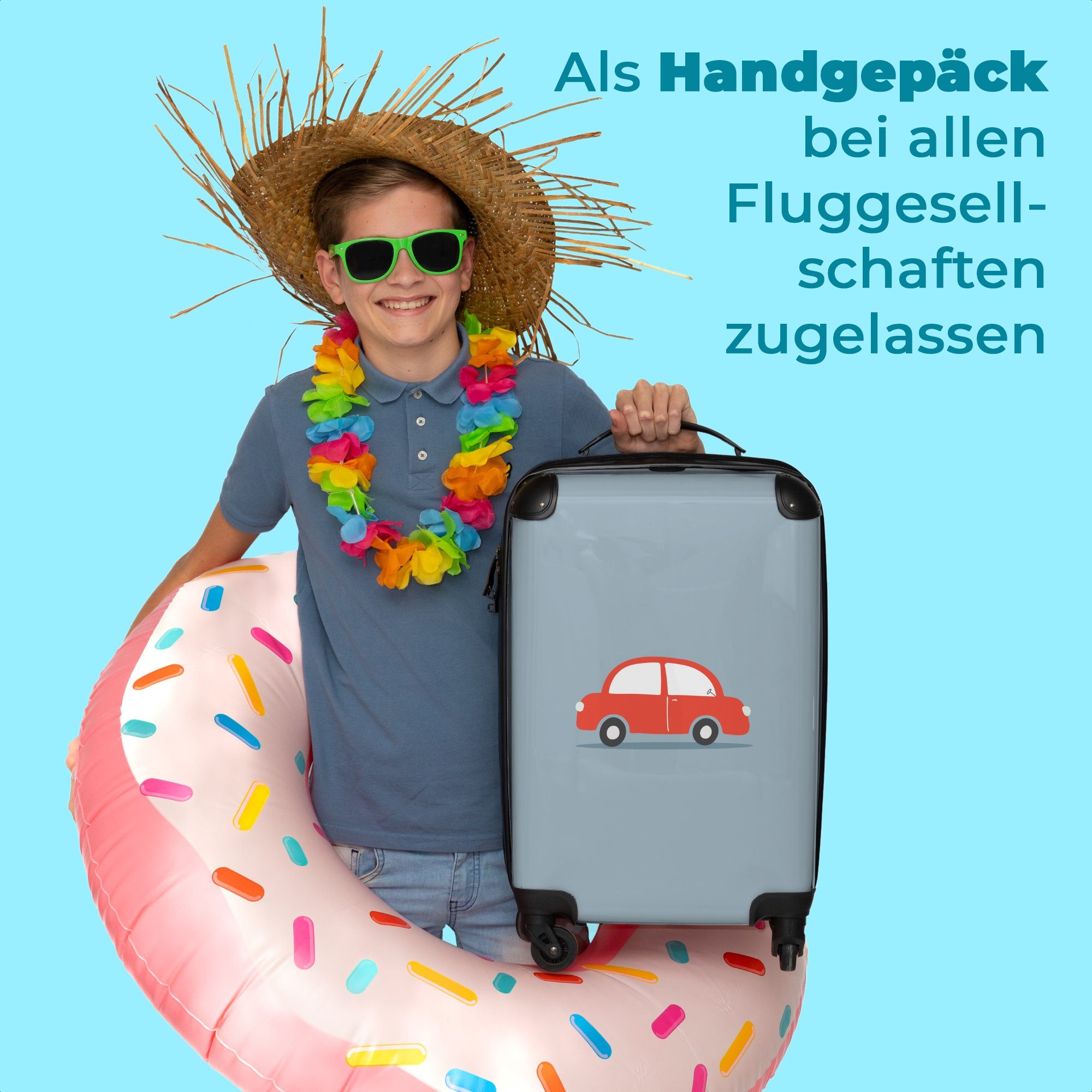 NoBoringSuitcases.com© Kinderkoffer 55x35x20cm Auto - Ferien, Kindertrolley, mit - - rollen, Kinder, Koffer für Handgepäck Fahrzeuge Reisetasche - Rot Rollen, 4 Design