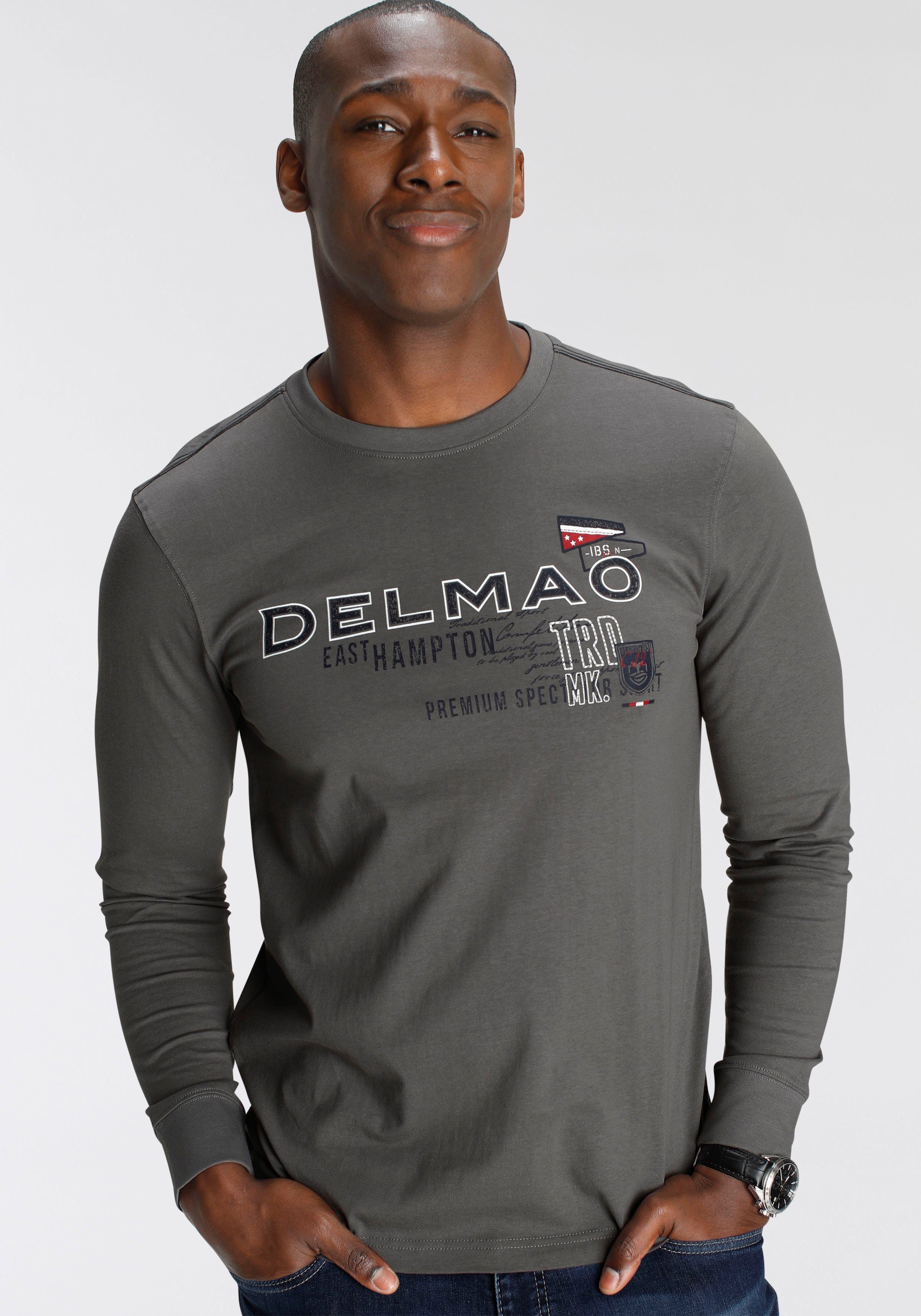 DELMAO Langarmshirt mit modischem NEUE grau Brustprint MARKE! 