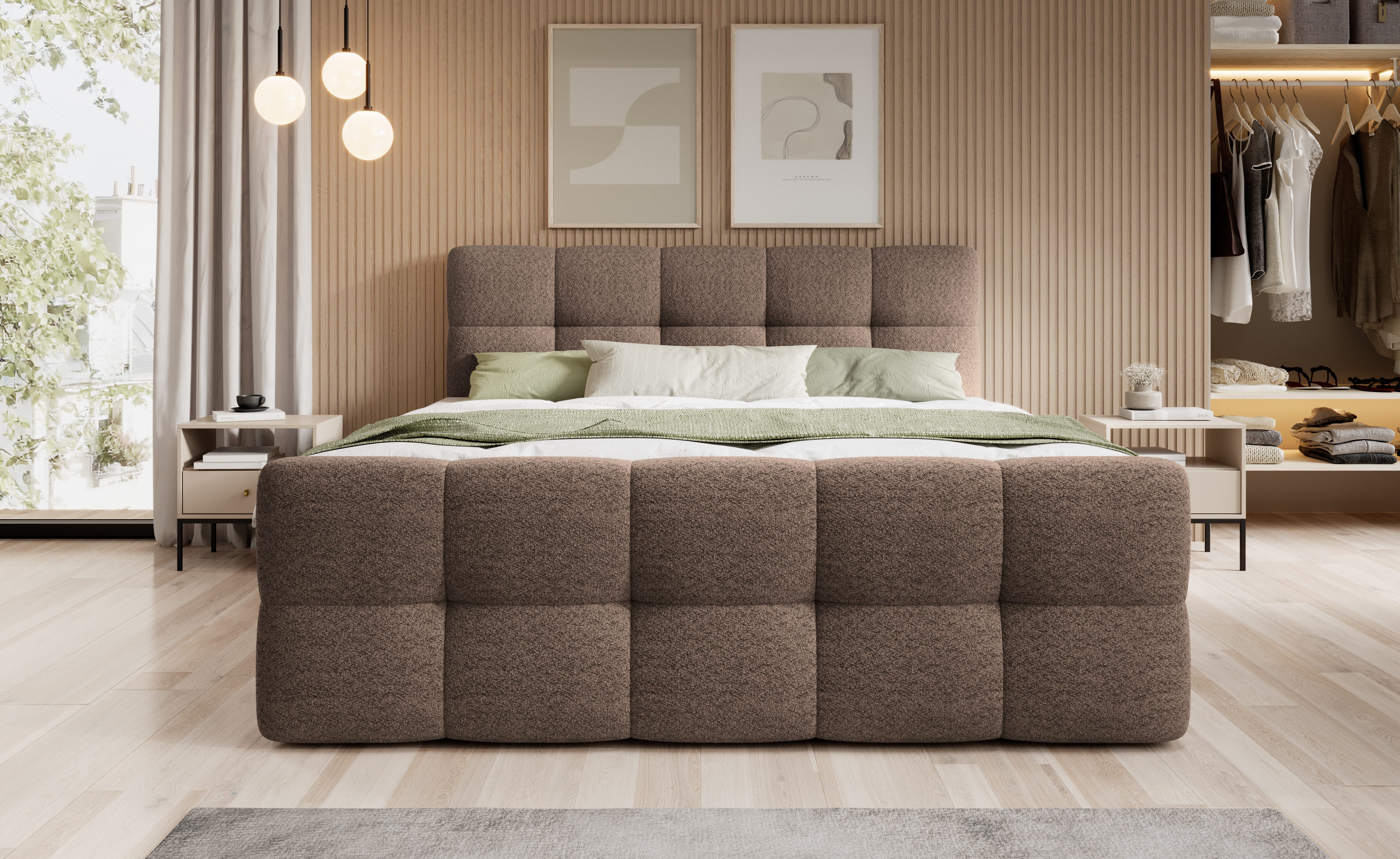 thematys Boxbett mit Bettkasten 140x200–200x200 cm – Velours oder Bouclé Bezug – (Polsterbett Bonnellfederkern Matratze H3 + Gratis 3cm Topper, Boxbett - Luxus Doppelbett mit Stauraum)