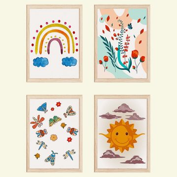 Tigerlino Poster Regenbogen Sonne Schmetterlinge 4er Set Kinderzimmer Wandbilder
