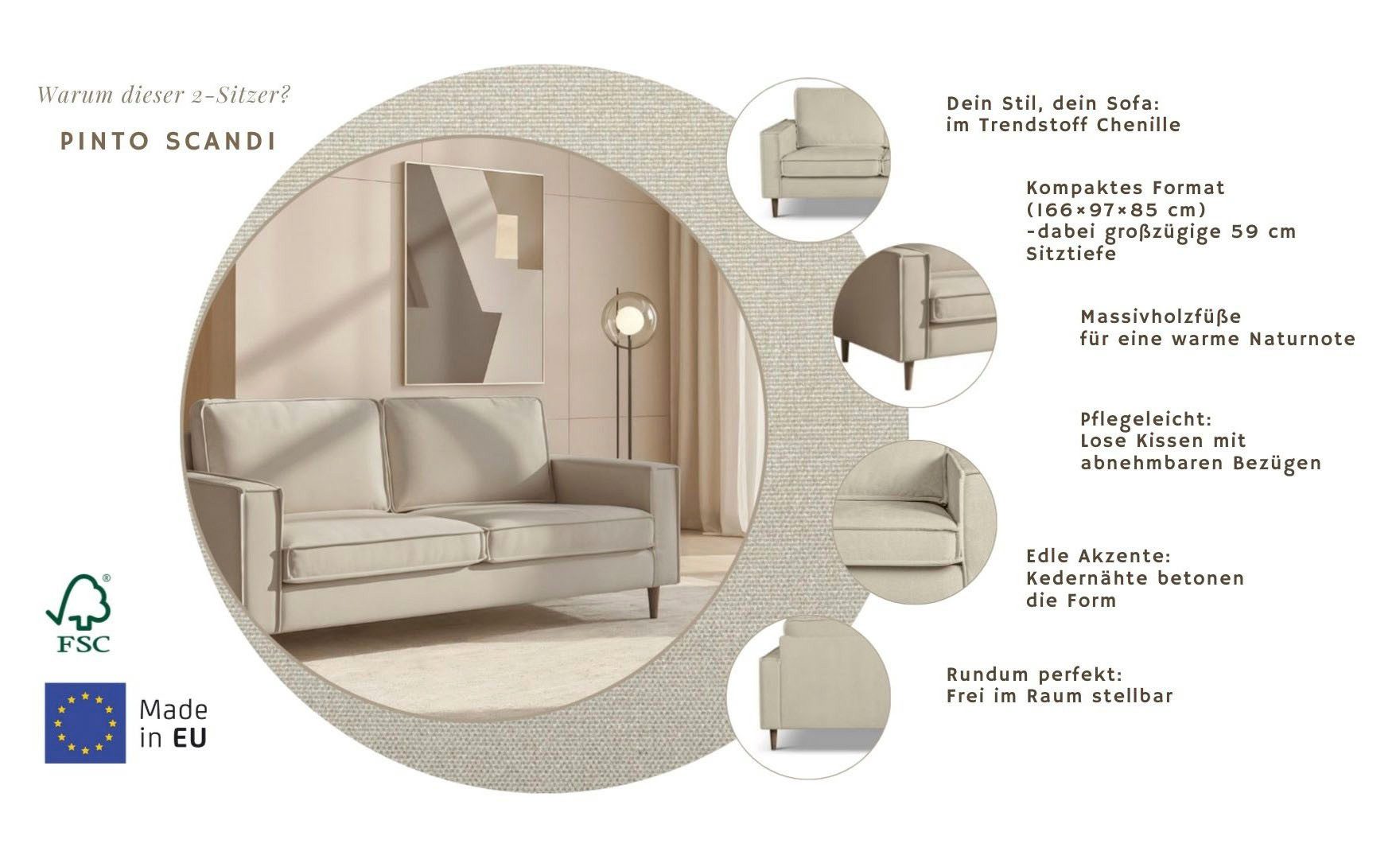 Home affaire 2-Sitzer Pinto Skandi, 166 cm, Chenille, Struktur, mit Keder, Massivholzfüße Eiche geräuchert, Wellenunterfederung