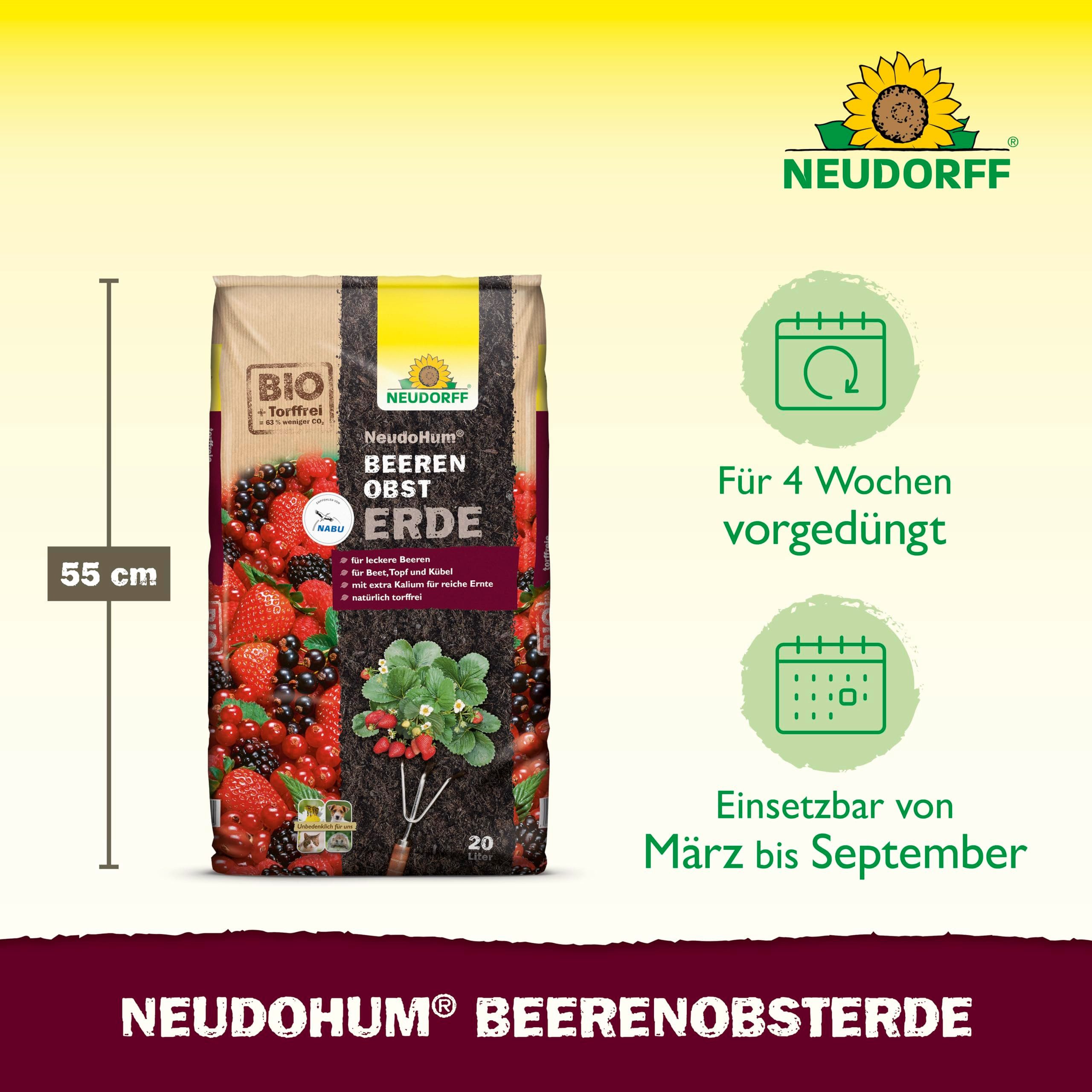 Neudorff Bio-Erde NeudoHum Bio BeerenobstErde 20 Liter, (Torffreie Bio-Erde mit extra Kalium für eine reiche Ernte mit leckeren Beeren, ideal für Erdbeeren, Brombeeren, Himbeeren, Stachelbeeren), im Beet, Topf, Kübeln, Balkonkästen und im Hochbeet