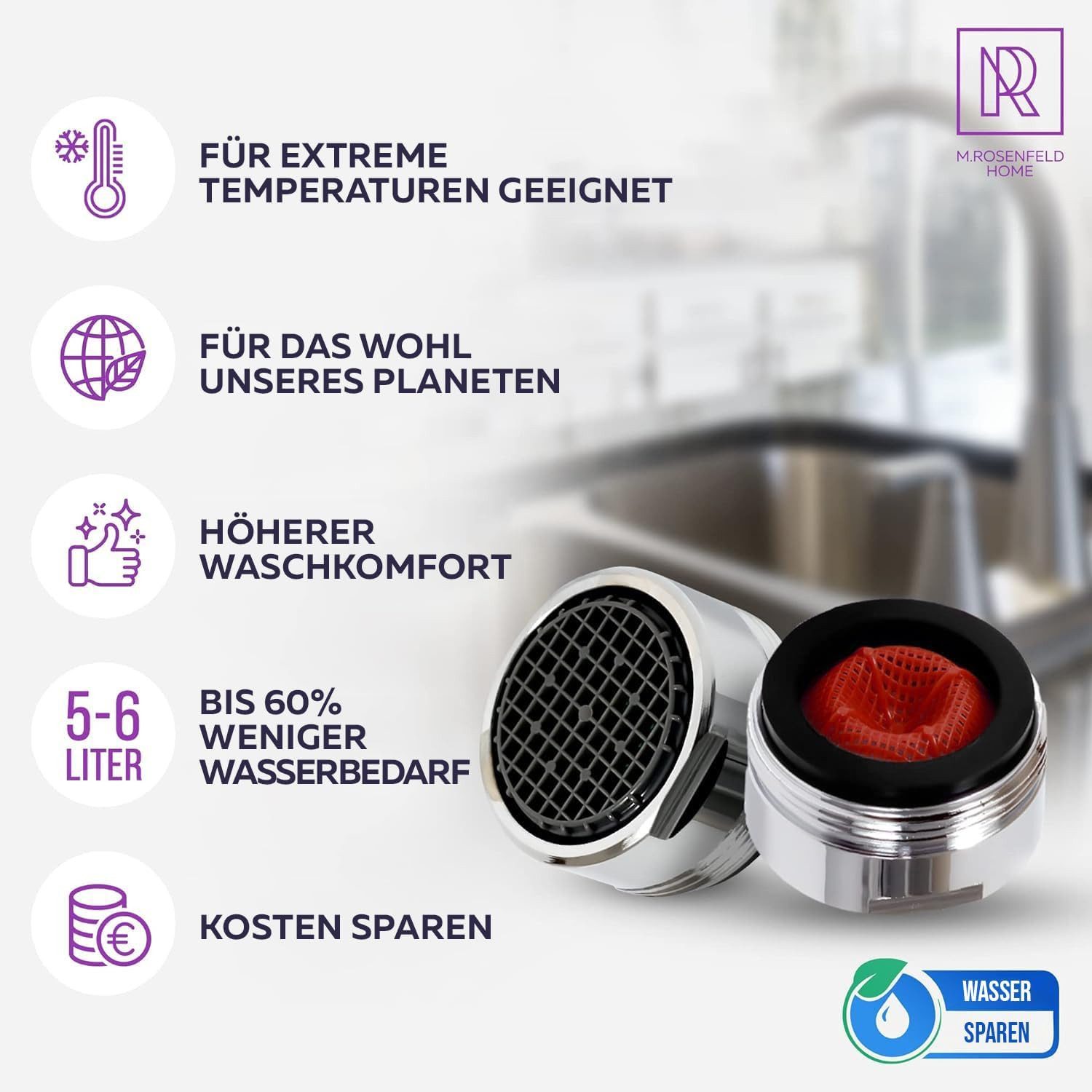 M. Rosenfeld Strahlregler Sehr Wassersparend - M24 Wasserfluss 5l/min -, (High Tech Anti Kalk Wasserhahn Sieb mit Kugelförmige Filter, 4-tlg., Luftsprudler aus Verchromten Messing), - Aufsatz Strahlregler für Wasserhähne