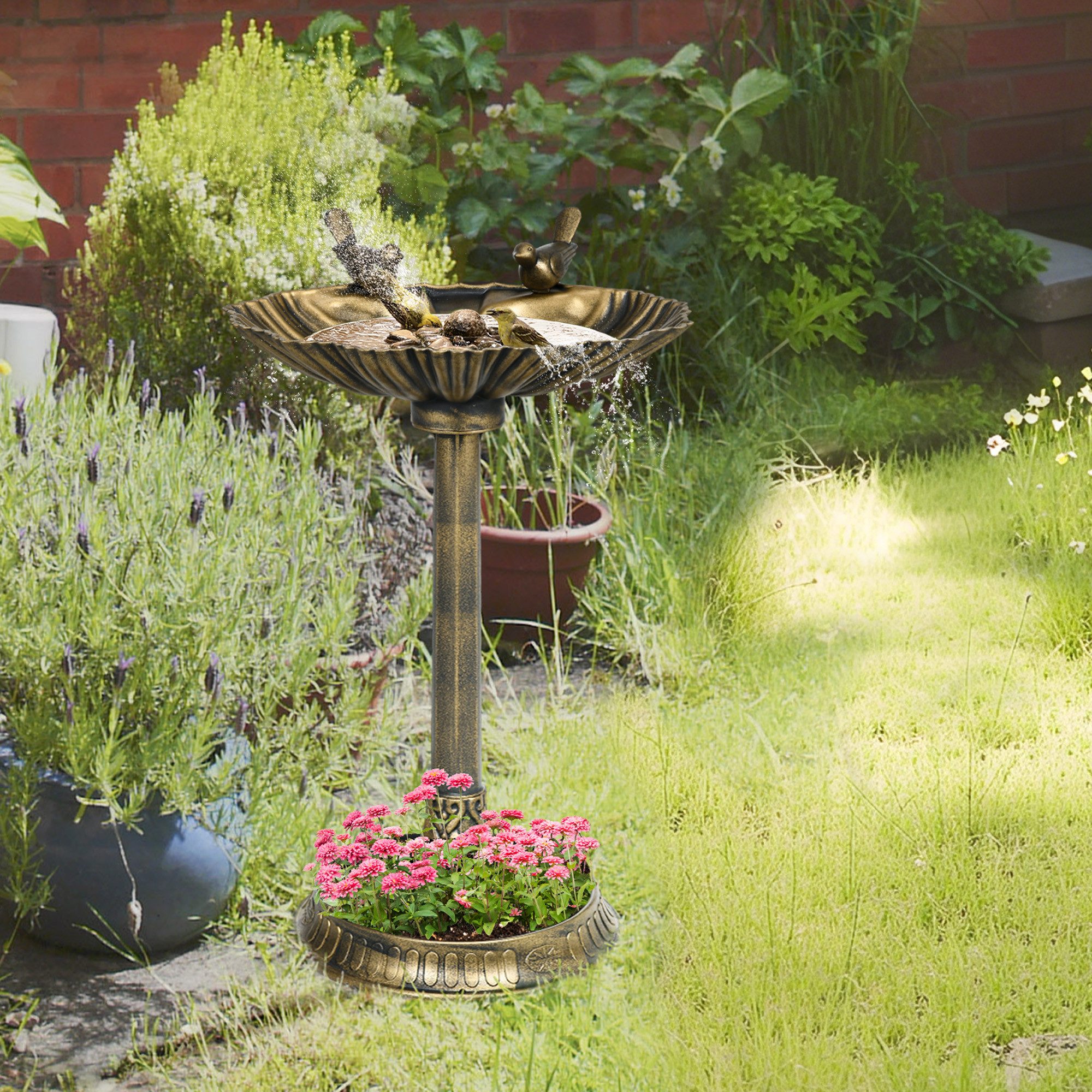 Outsunny Vogeltränke Stehend, Vogelbad aus Kunststoff, frostsicher, für Garten Terrasse Balkon 49,5 x 38 x 81 cm, Bronze