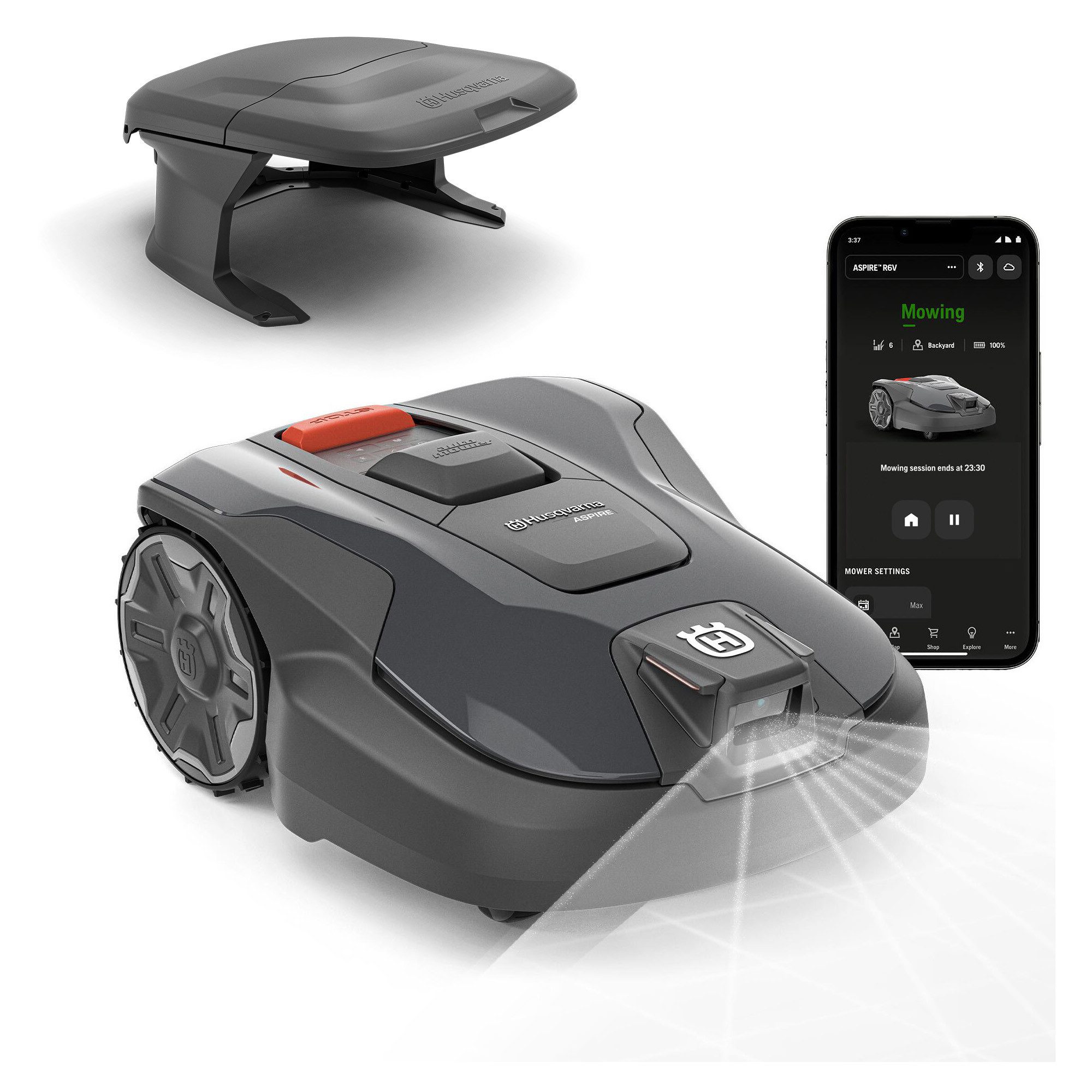 Husqvarna Rasenmähroboter Automower® Aspire R6V, bis 600 m² Rasenfläche, ohne Begrenzungskabel, AI Vision, GPS-Navigation, WLAN, inkl. Garage