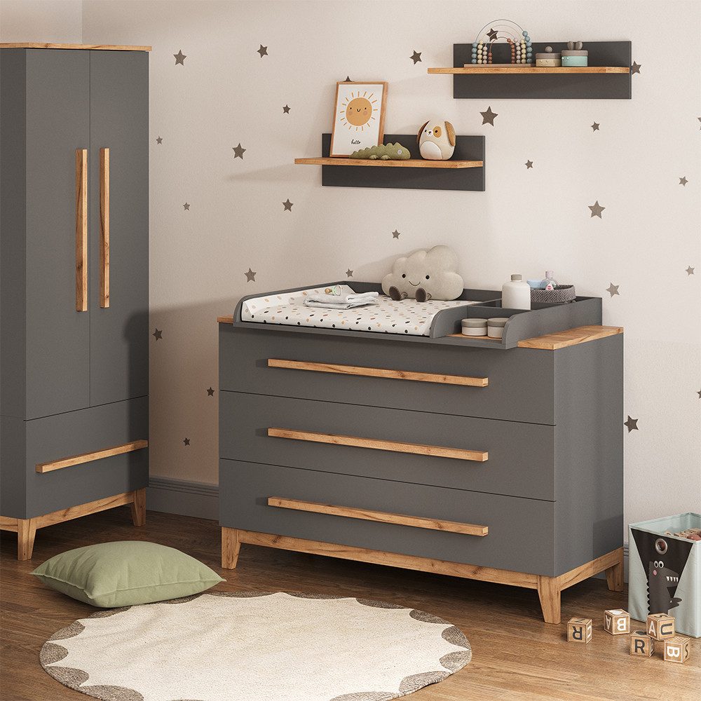 VitaliSpa® Wickelkommode Malia, Grau/Artisan/Artisan, 133.2 x 98 cm mit 3 Schubladen