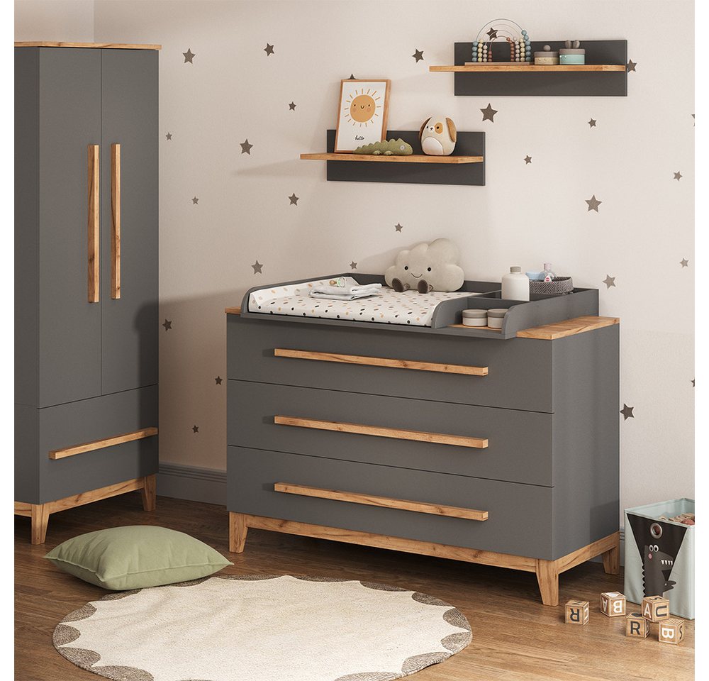 VitaliSpa® Wickelkommode Malia, Grau/Artisan/Artisan, 133.2 x 98 cm mit 3 Schubladen