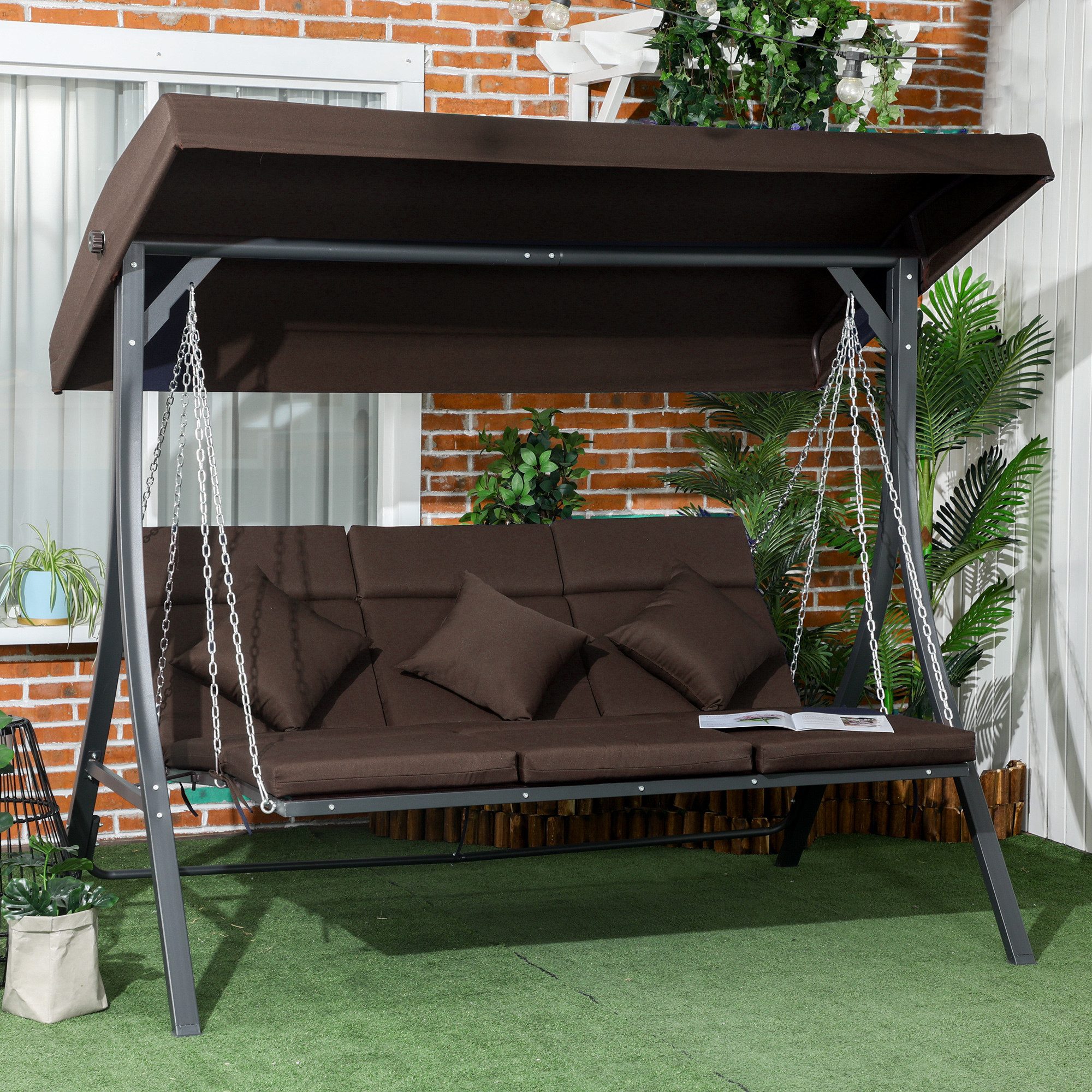 CHICFURN Hollywoodschaukel 3-Sitzer Gartenschaukel, belastbar bis 270 kg, inklusive Kissen, 3-Sitzer, schwenkbare Sonnendach, Packung, 1 tlg., Schaukelbank mit verstellbarem Sonnendach für Balkon oder Garten