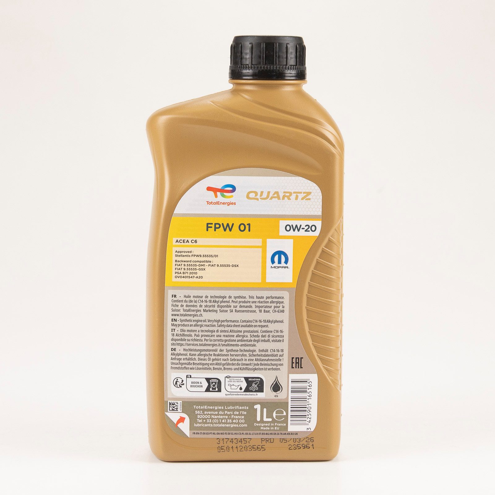TotalEnergies Motoröl Total Quartz Mopar Motoröl FPW/01 0W-20 1 Liter FPW 9.55535/01