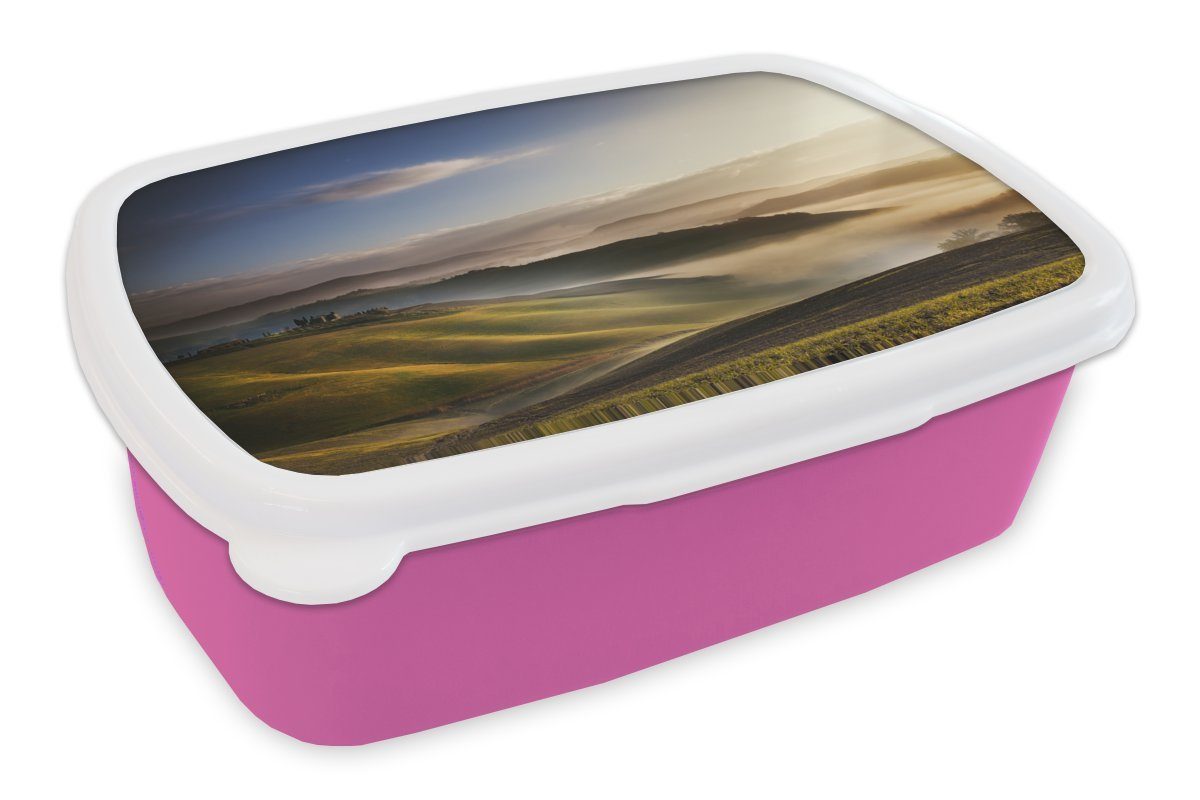MuchoWow Lunchbox Toskana - Nebel Mädchen, - Landschaft, Brotdose Brotbox Kinder, Erwachsene, Snackbox, Kunststoff für Kunststoff, rosa (2-tlg)