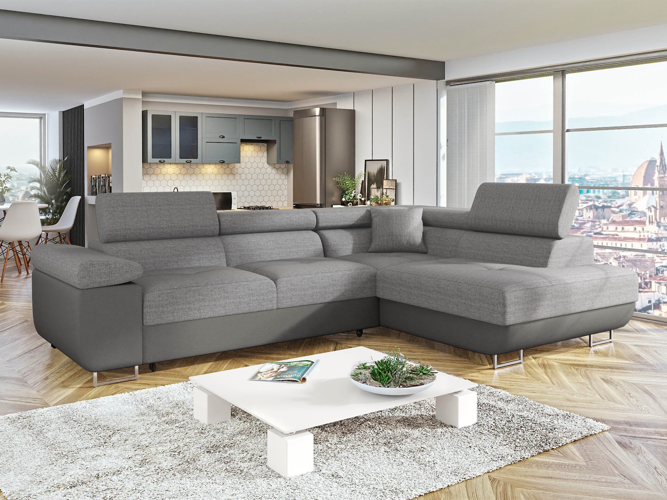 MIRJAN24 Ecksofa Torezio, mit Bettkasten und Schlaffunktion, Einstellbare Kopfstützen, 274x203x70-90 cm