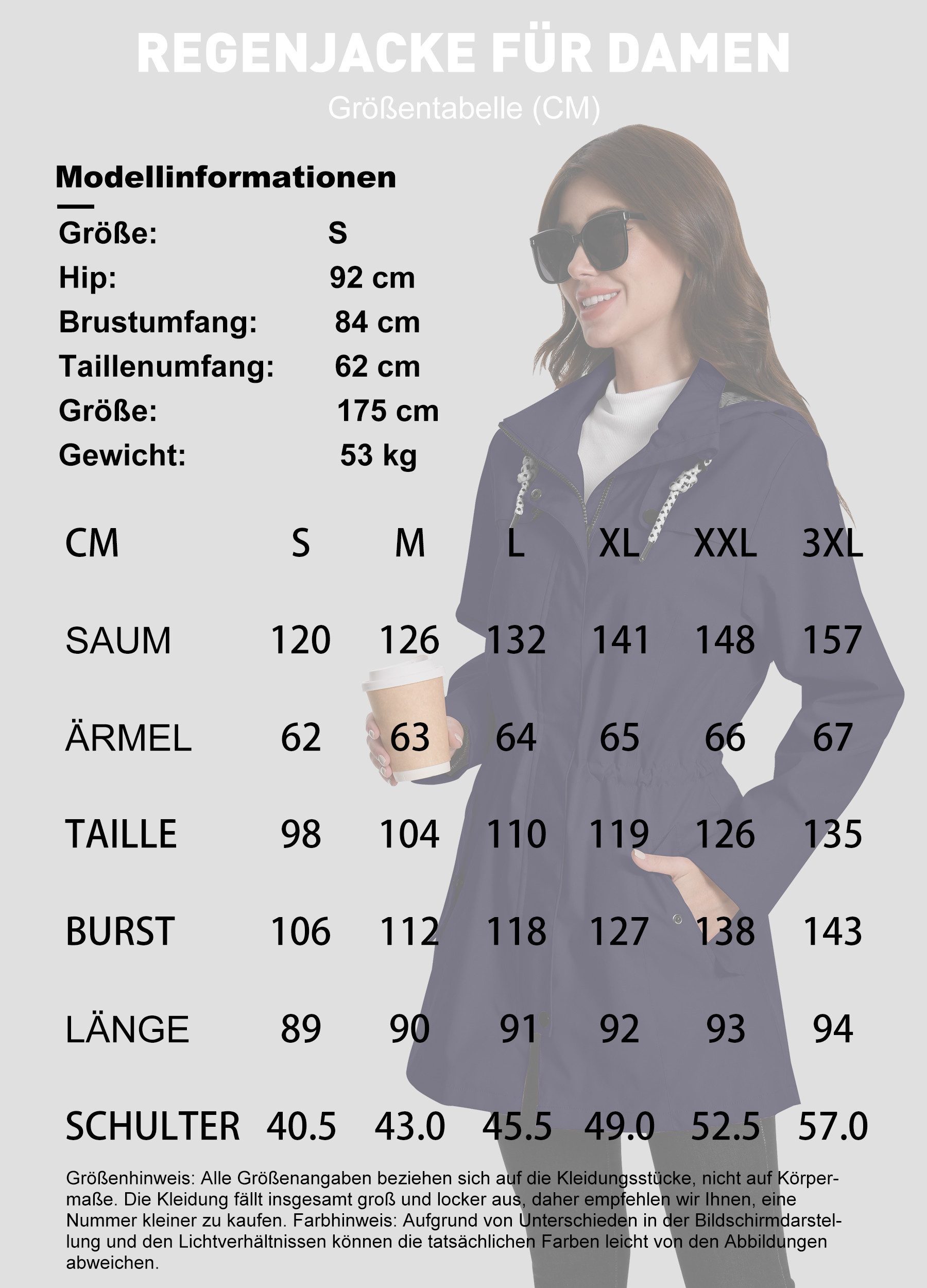 ATLASLAVA Regenjacke Damen Lang – Wasserdicht & Atmungsaktiv mit Kapuze (1-St) Übergangsjacke für Outdoor