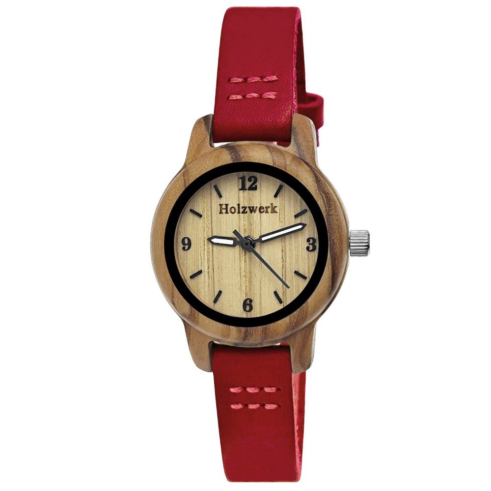 beige CLARA Holz kleine RED dunkel Leder rot, Quarzuhr & Kinder Armband Holzwerk Uhr,