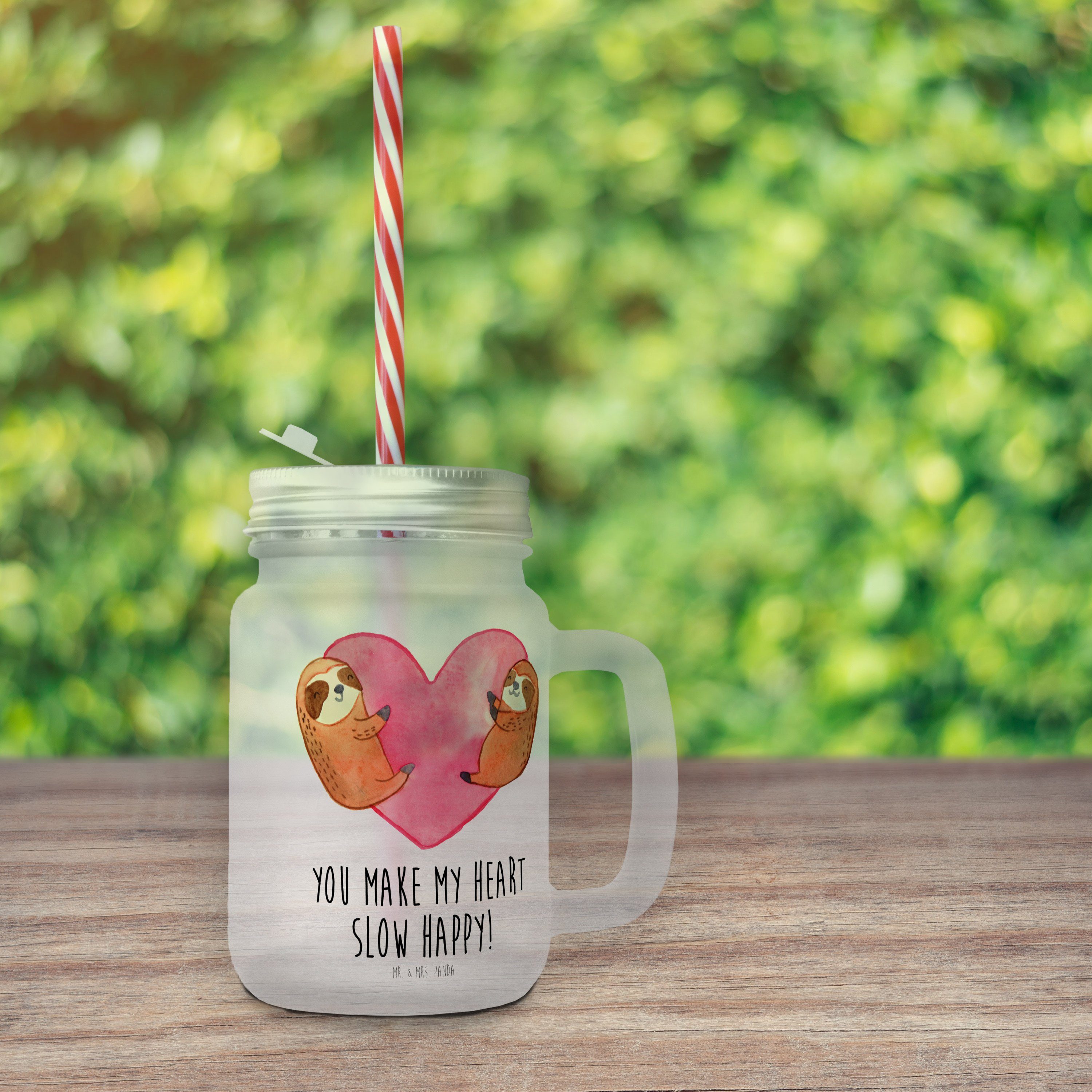 Mr. & Mrs. Panda Glas Faultiere Herz - Transparent - Geschenk, Mason Jar, Geschenk für Freu, Premium Glas