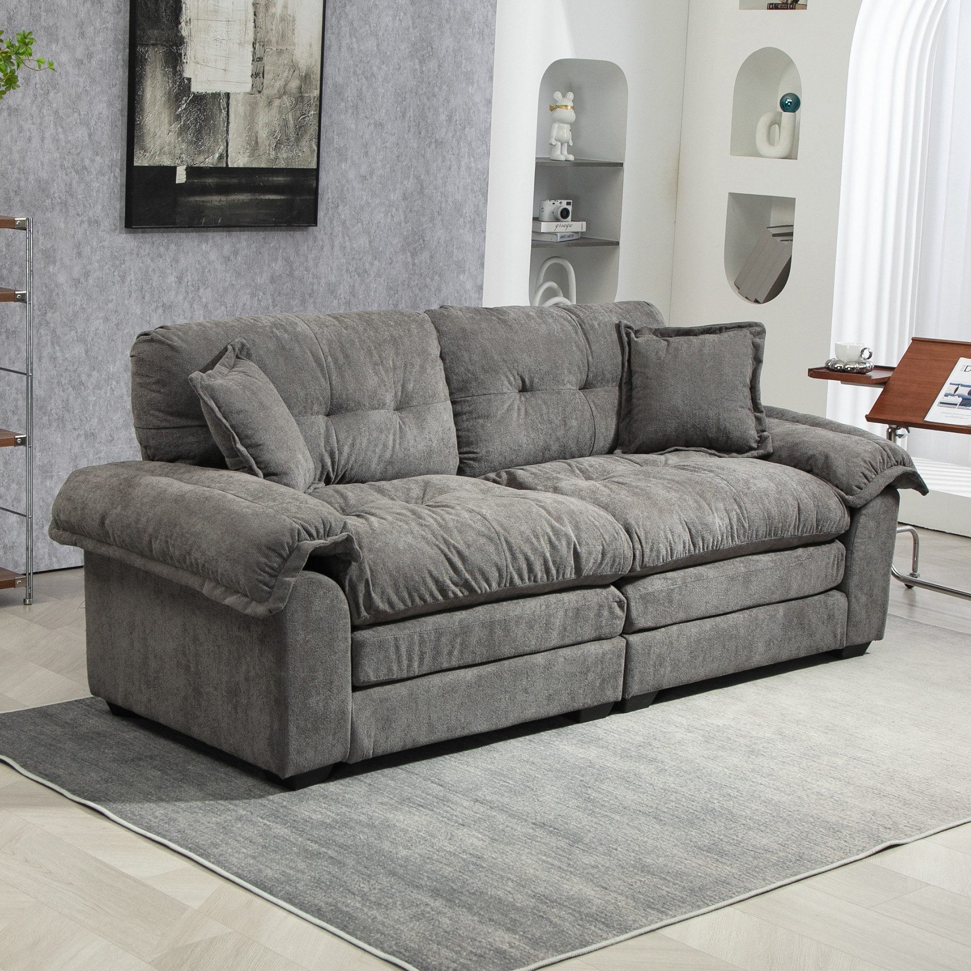 BBG Sofa 213 cm Zweisitzer Sofa aus Chenille mit tiefem Sitz, 1 Teile, Komfortsofa mit Memory-Schaum & Taschenfederkern, inkl. Kissen