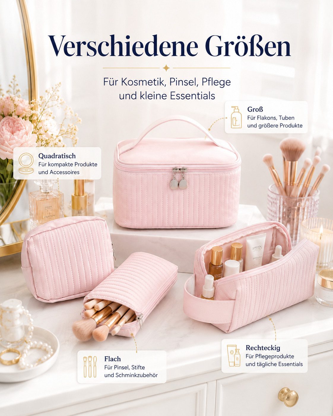 Vornix Kosmetiktasche 4-teiliges Kulturbeutel Set in Rosa (4 verschiedene GroBen Kulturbeutel fur Make-up, Pinsel & Pflegeprodukte, Reise Schminktasche mit Tragegrif fur Alltag und Urlaub)