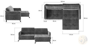 Friderik-EU Ecksofa LORA Gepolsterte ausziehbare Couch mit Bettkasten, mit Hocker wählbar