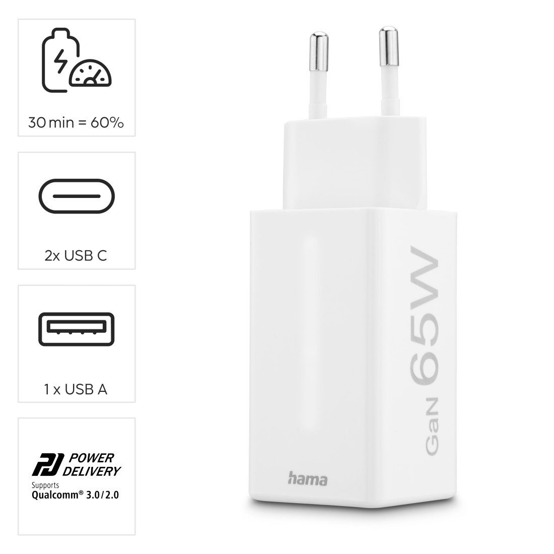 Hama USB-Ladegerät (Schnellladegerät, Netzteil, 2x USB-C, 1x USB-A, 65 W) Schnelllade-Gerät (1-tlg)