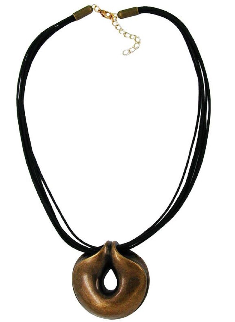 Collier Kette Kunststoff Anhänger Amulett altmessingfarben Kordel schwarz 50cm