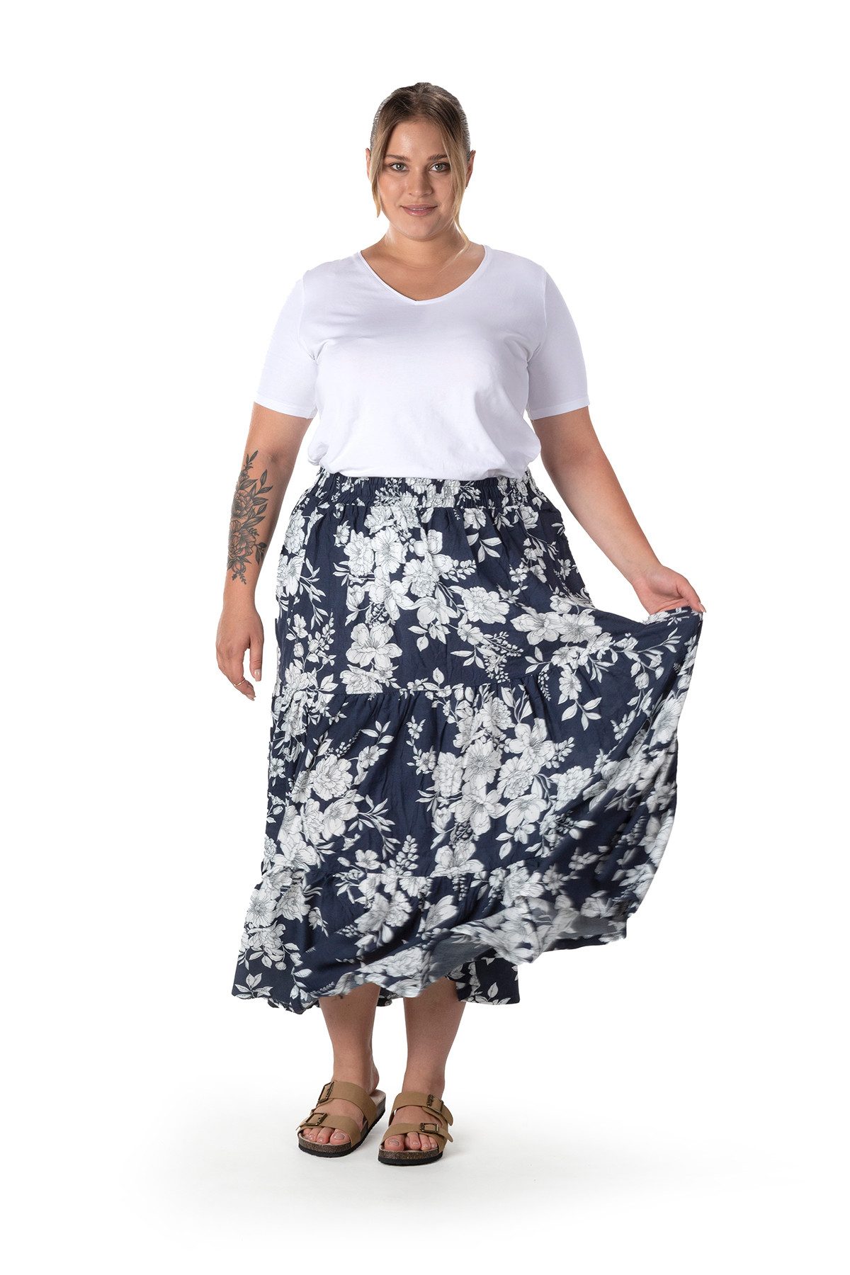 Stil Diva Midirock Langer Rock in Übergröße mit Blumenmuster, verstellbarem Bund und Knöc