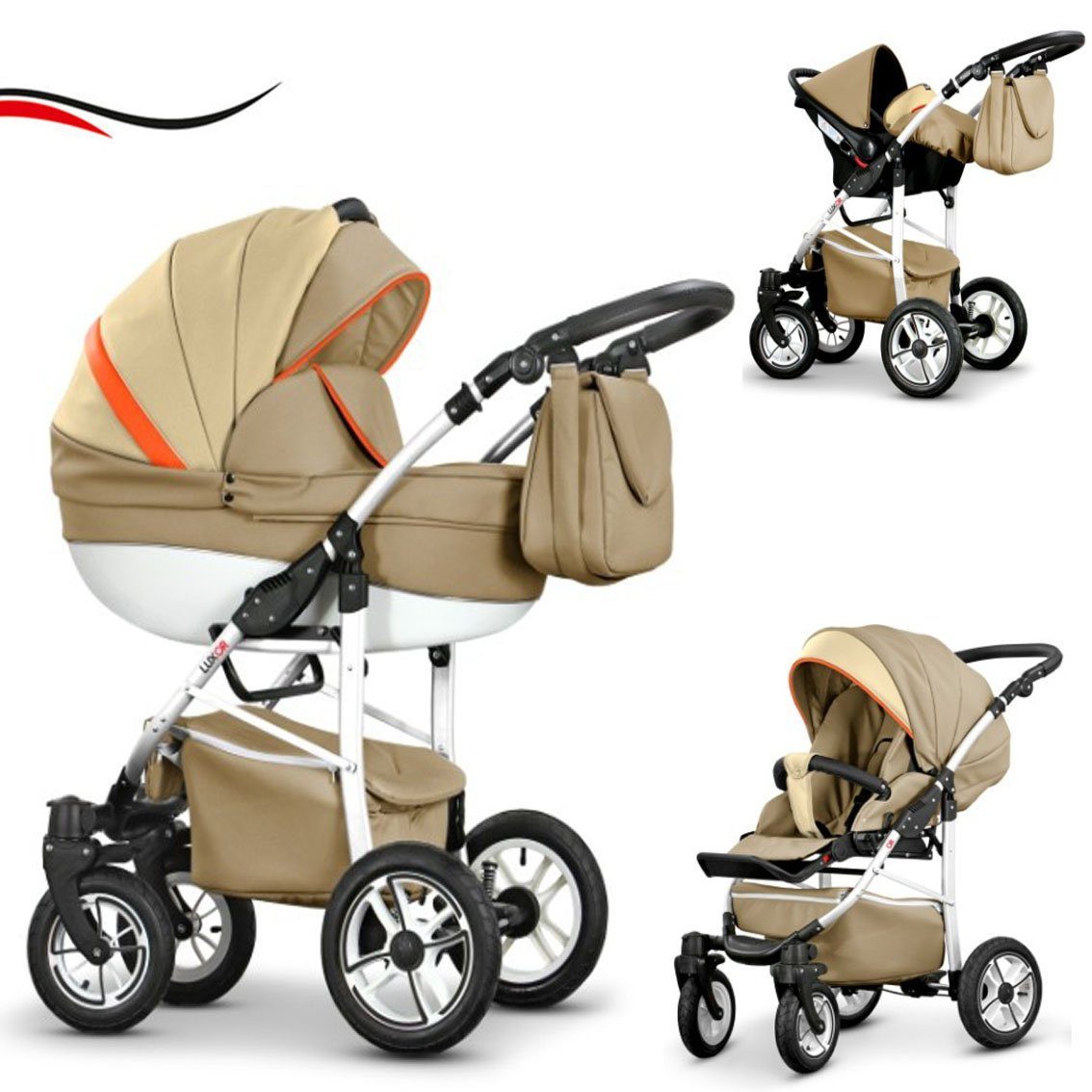 babies-on-wheels Kombi-Kinderwagen 3 in 1 Kinderwagen-Set Cosmo ECO - 16 Teile - in 29 Farben Sand-Beige Kunstleder