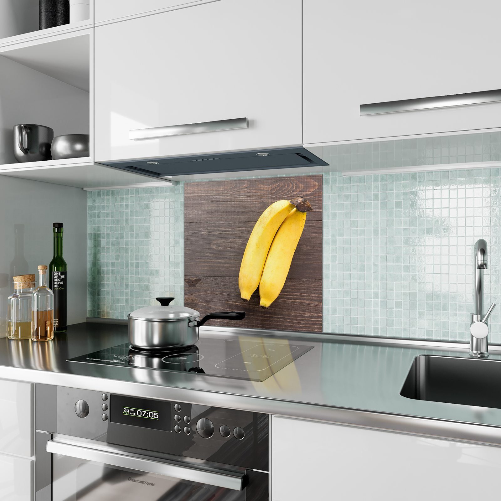 Primedeco Küchenrückwand Küchenrückwand Bananen Spritzschutz Tisch auf Motiv Glas mit